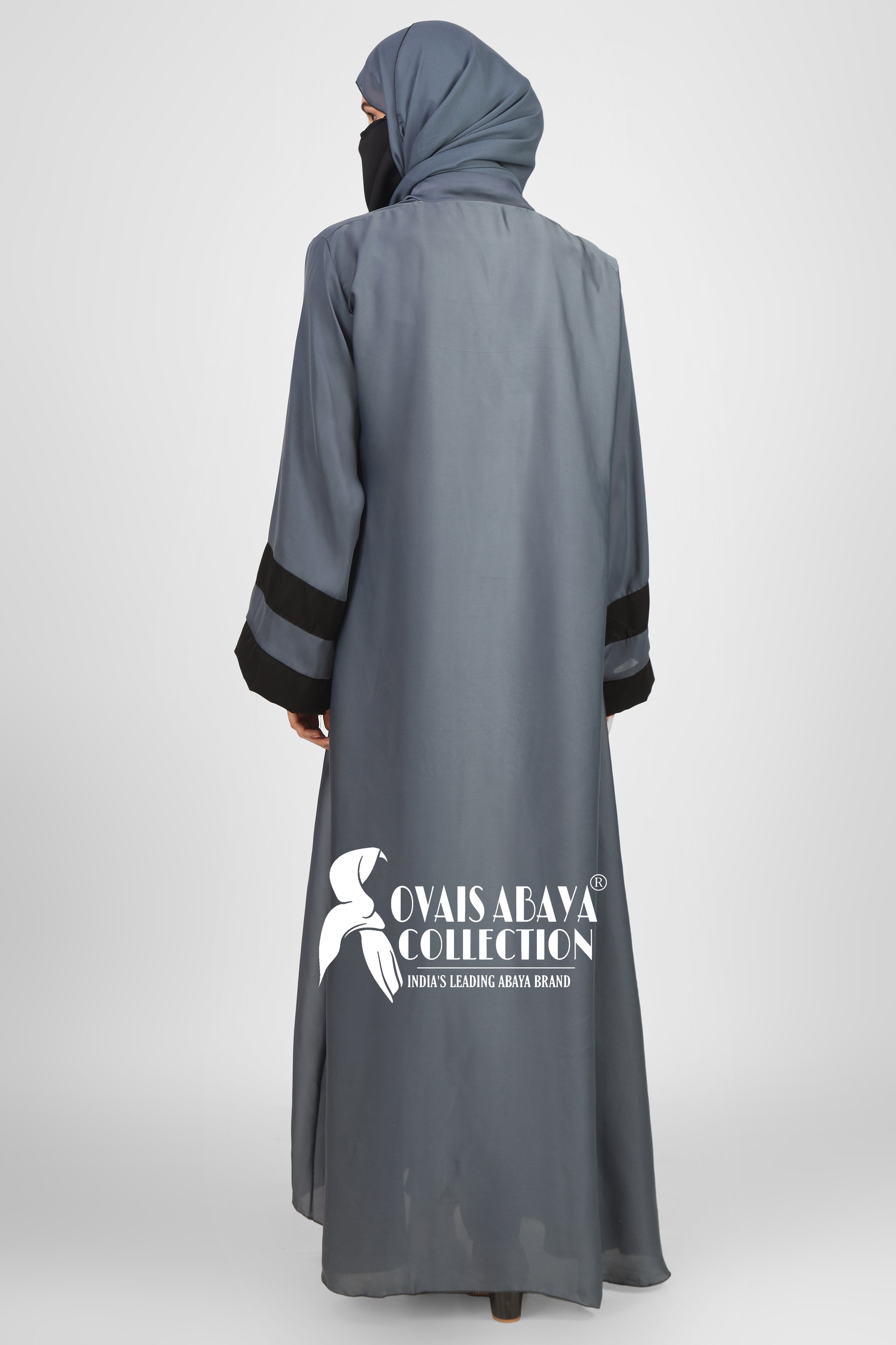 Haima Front Open Contrast Sleeve Abaya ( GRAY )