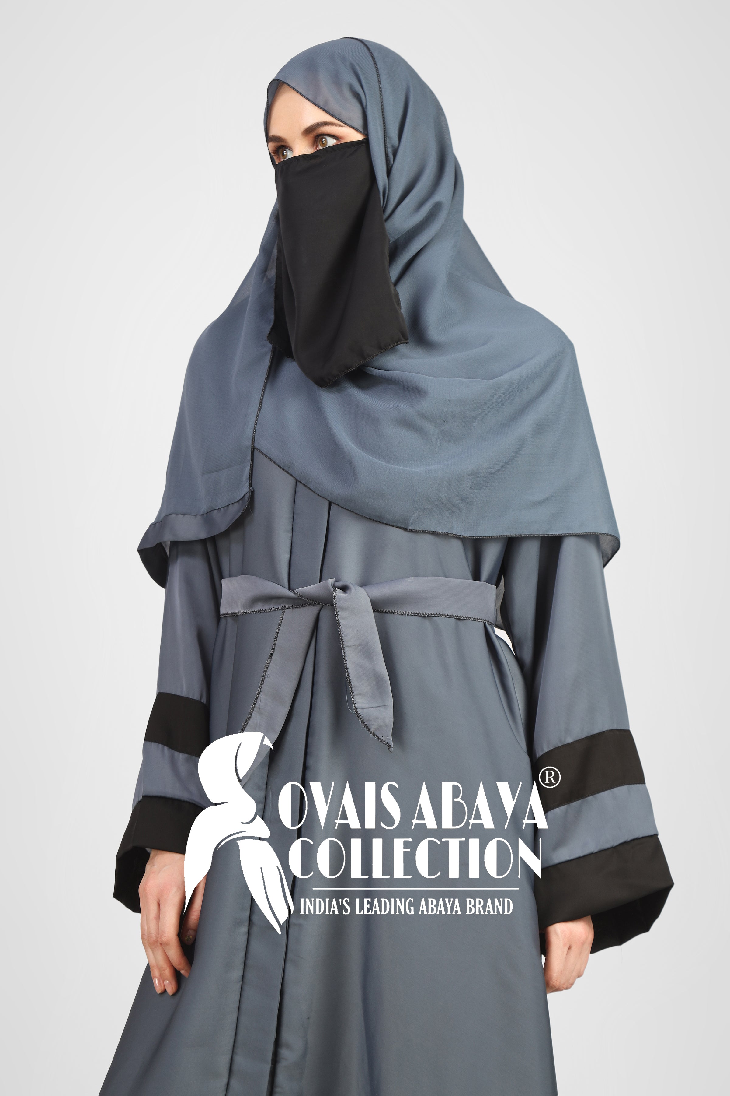 Haima Front Open Contrast Sleeve Abaya ( GRAY )