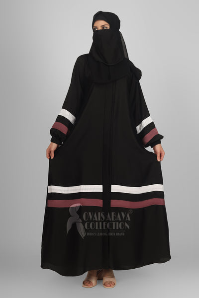 Front Open Contact Patti Work Abaya - BLACK