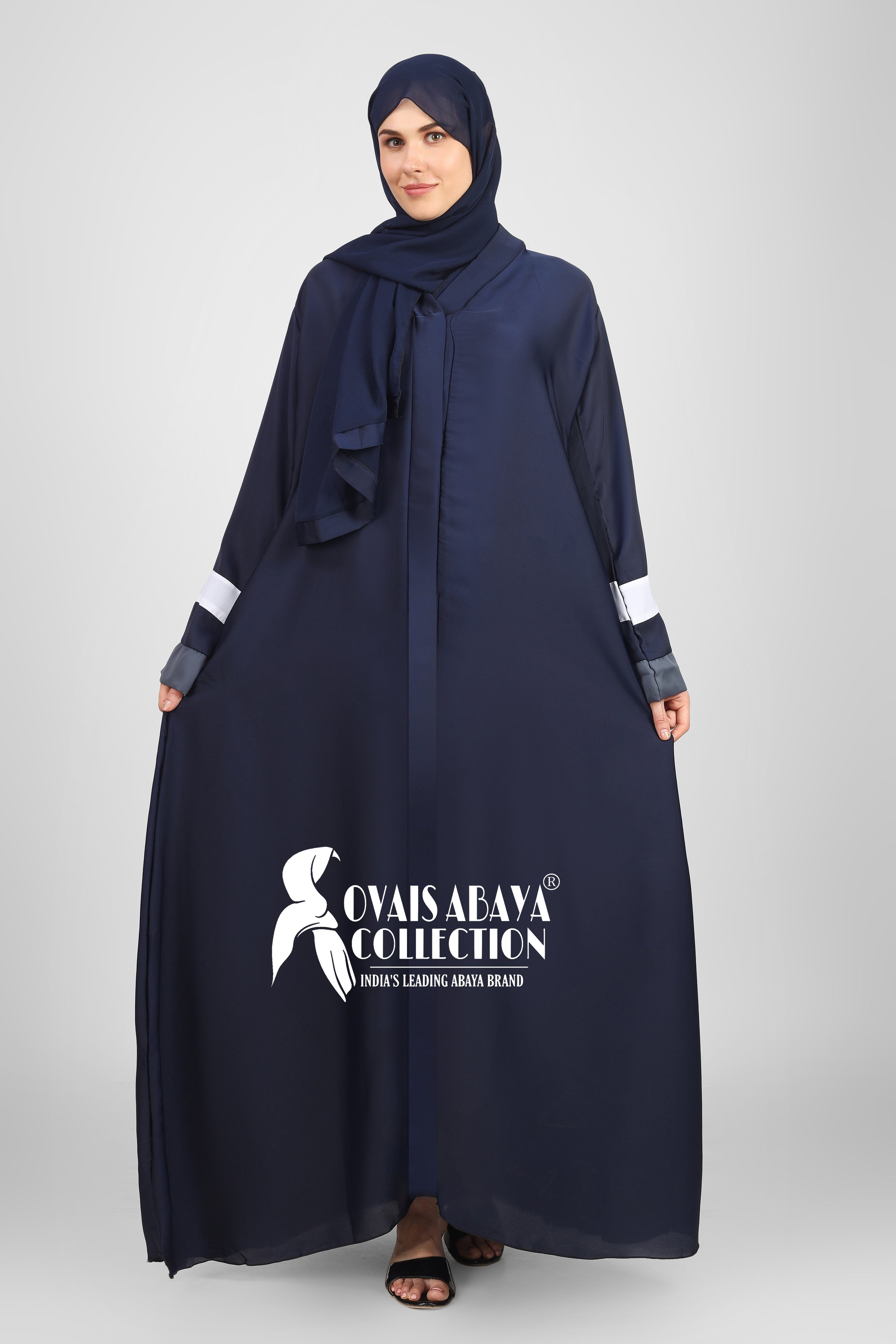 Haima Front Open Contrast Sleeve Abaya ( BLUE )