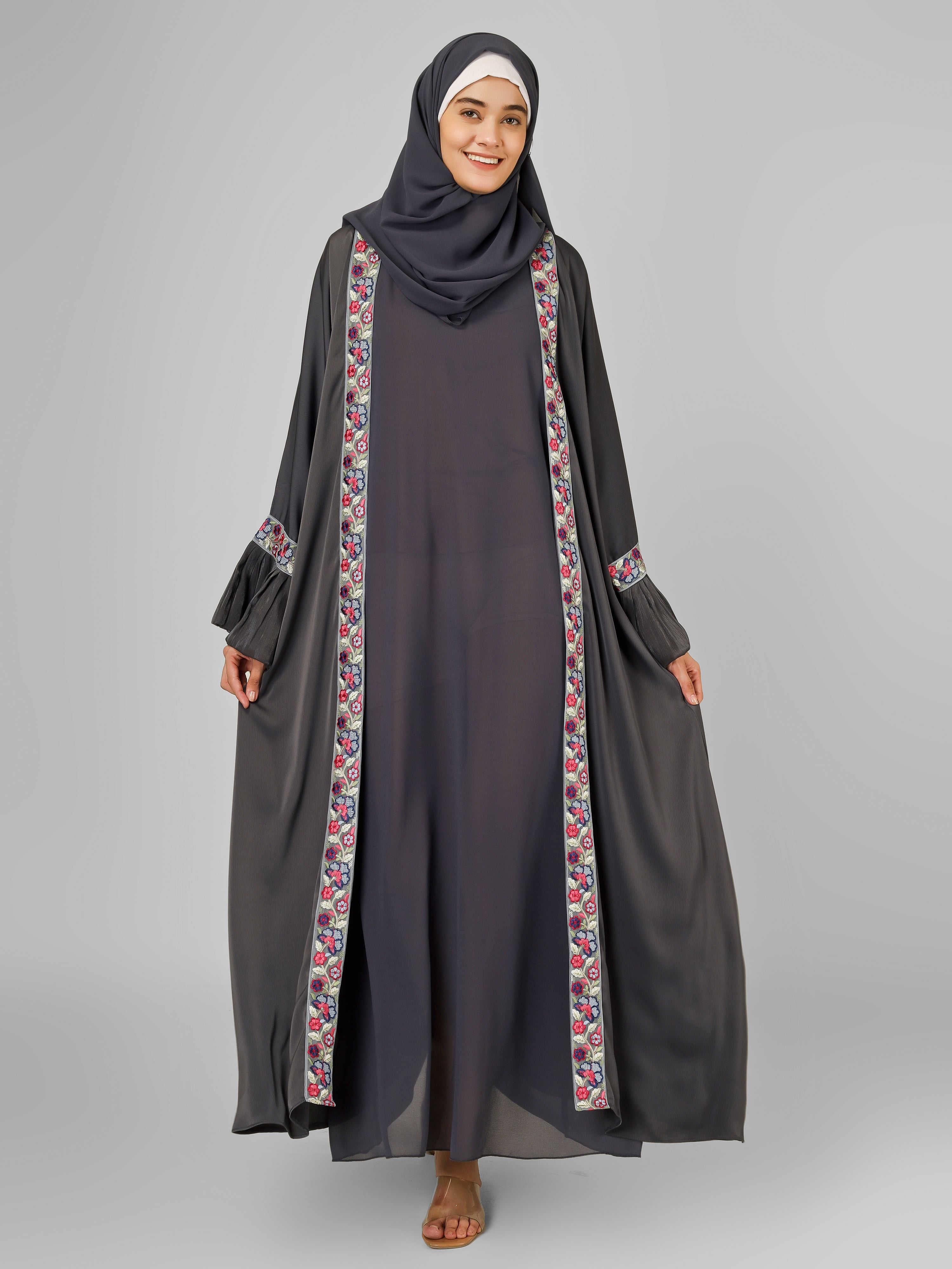 HEER ORGANZA SLEEVE ABAYA | GRAY