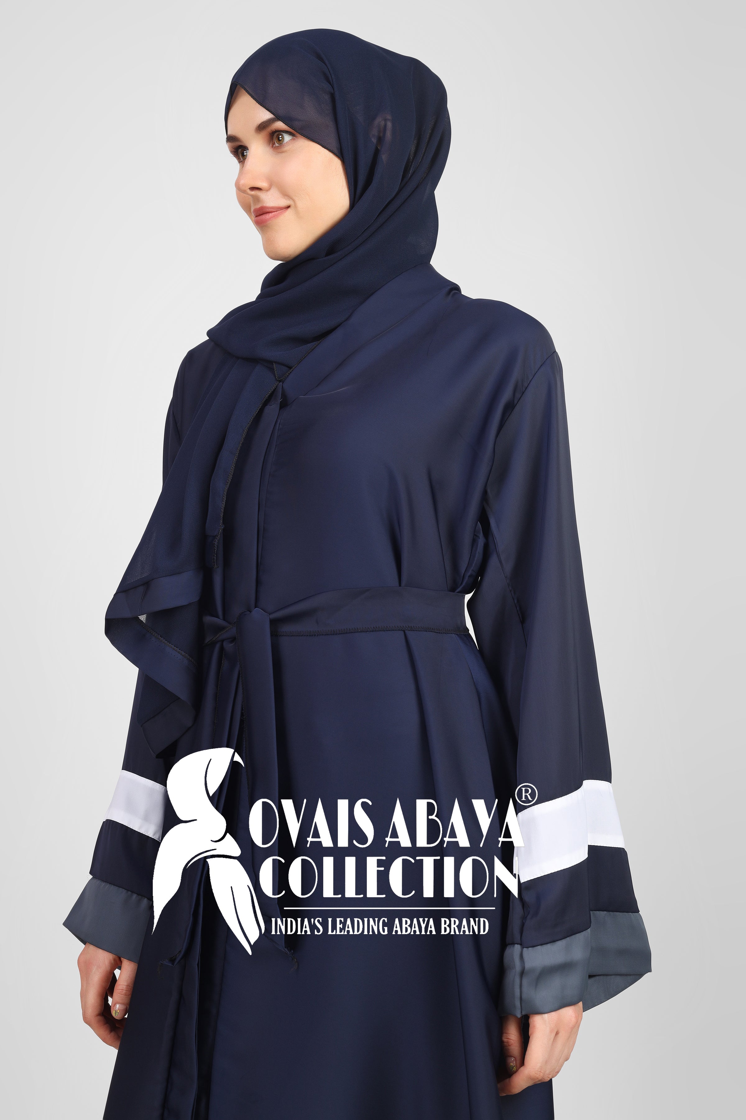 Haima Front Open Contrast Sleeve Abaya ( BLUE )