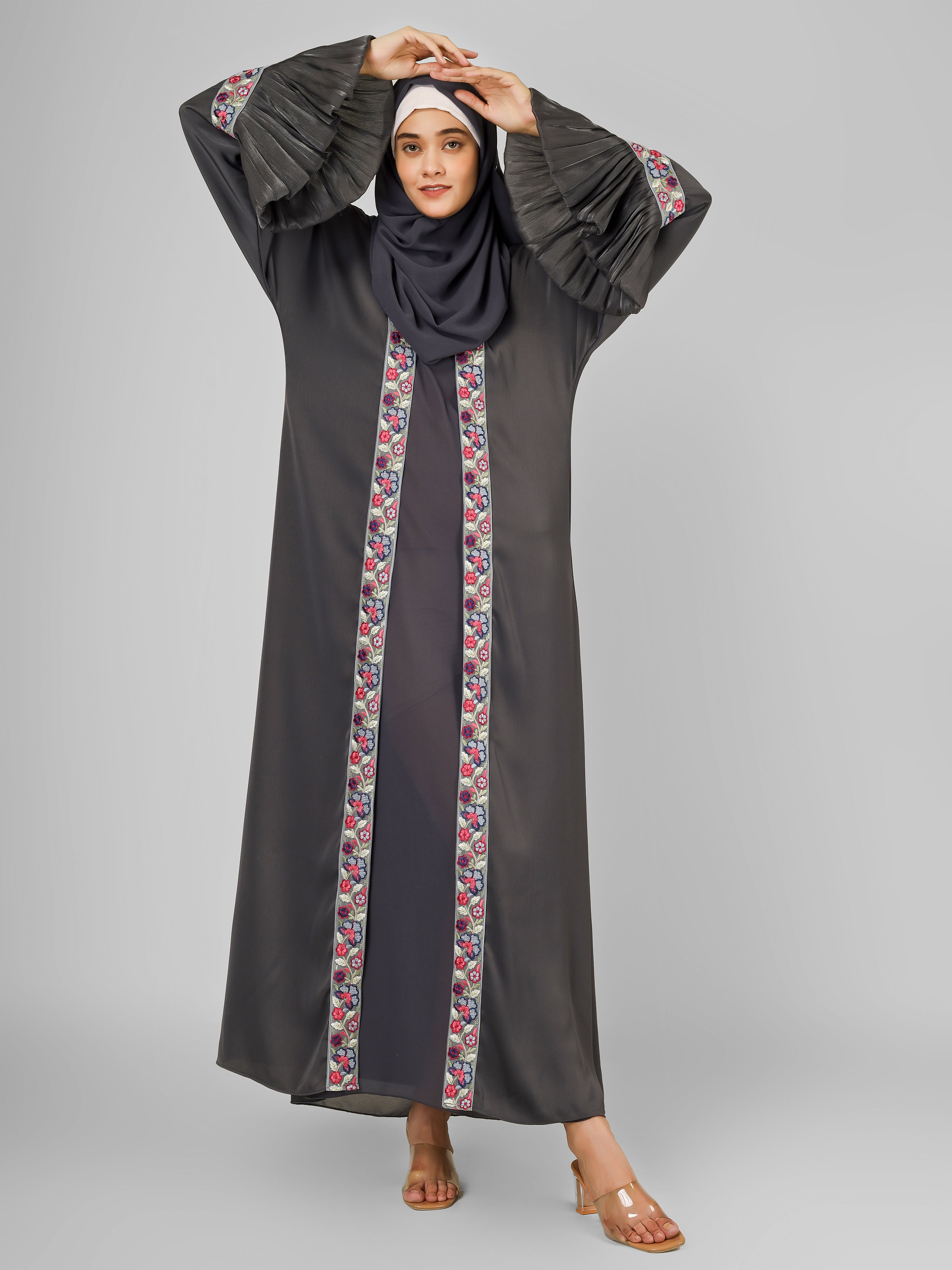 HEER ORGANZA SLEEVE ABAYA | GRAY