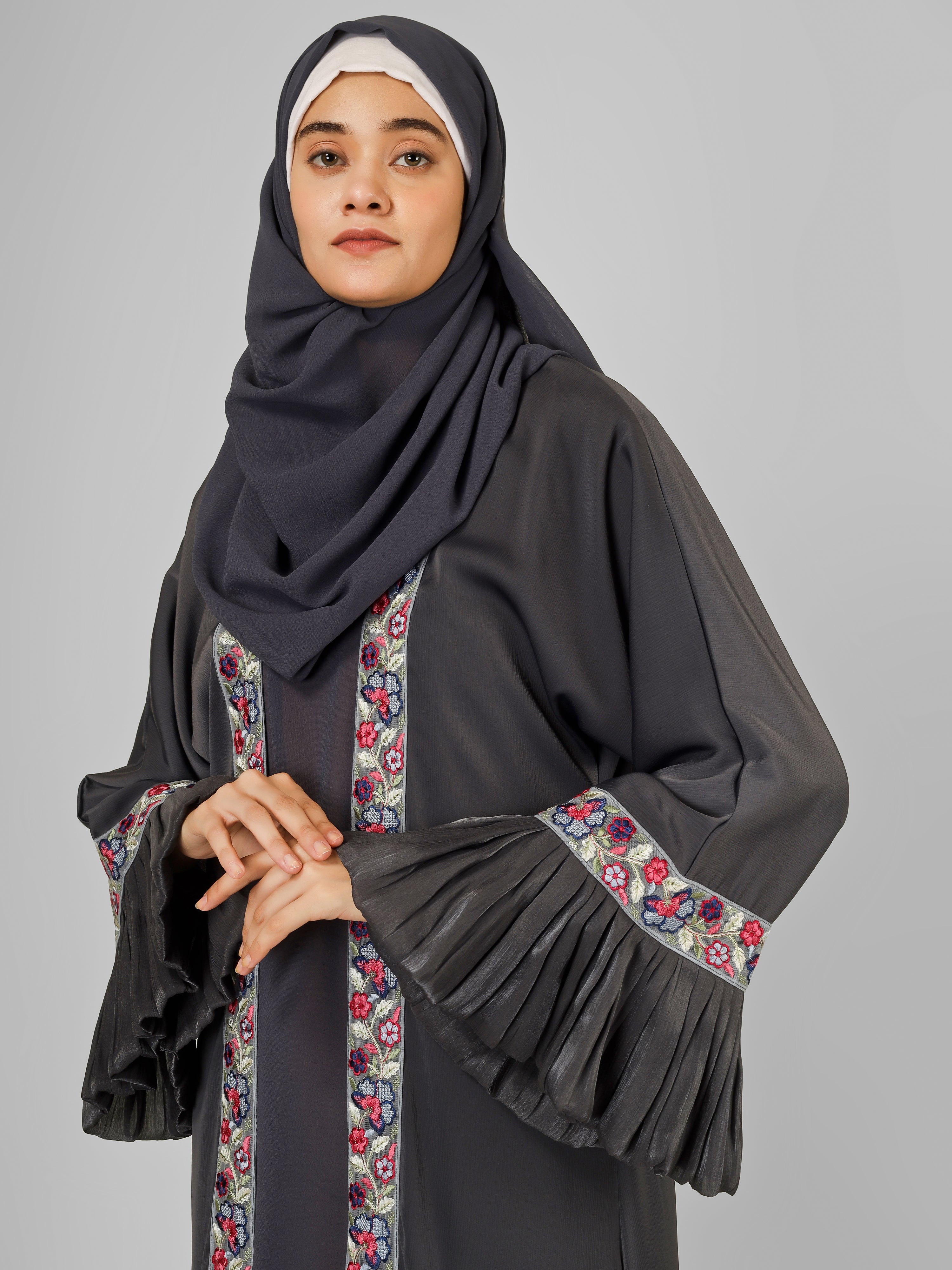 HEER ORGANZA SLEEVE ABAYA | GRAY