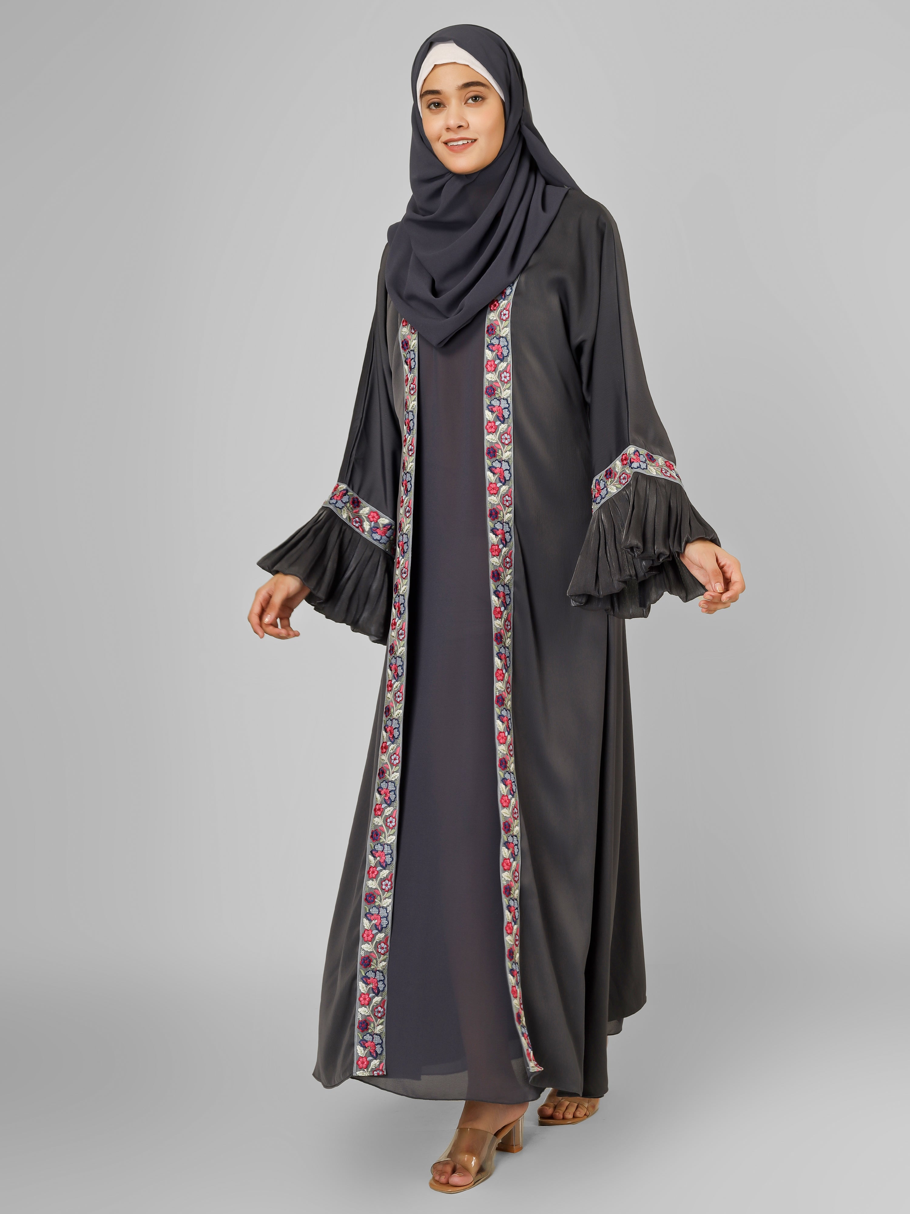 HEER ORGANZA SLEEVE ABAYA | GRAY