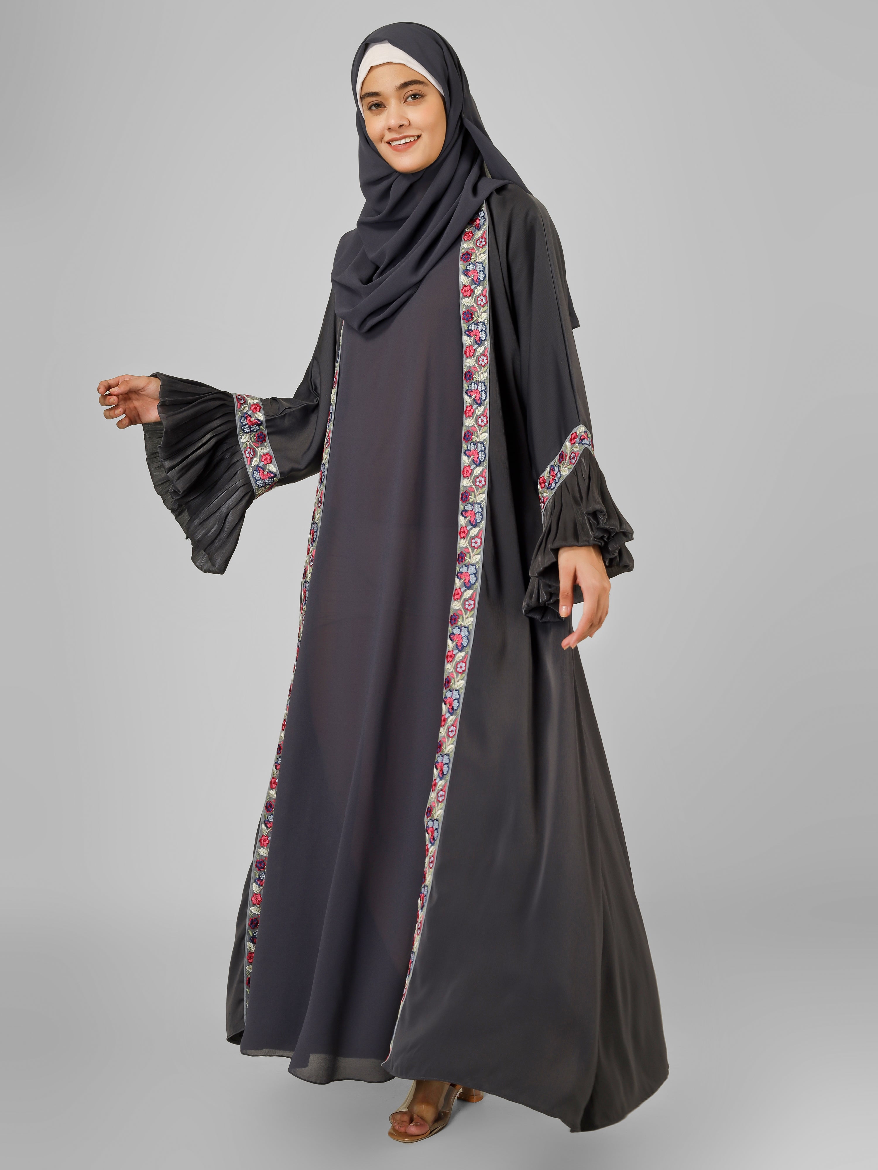 HEER ORGANZA SLEEVE ABAYA | GRAY