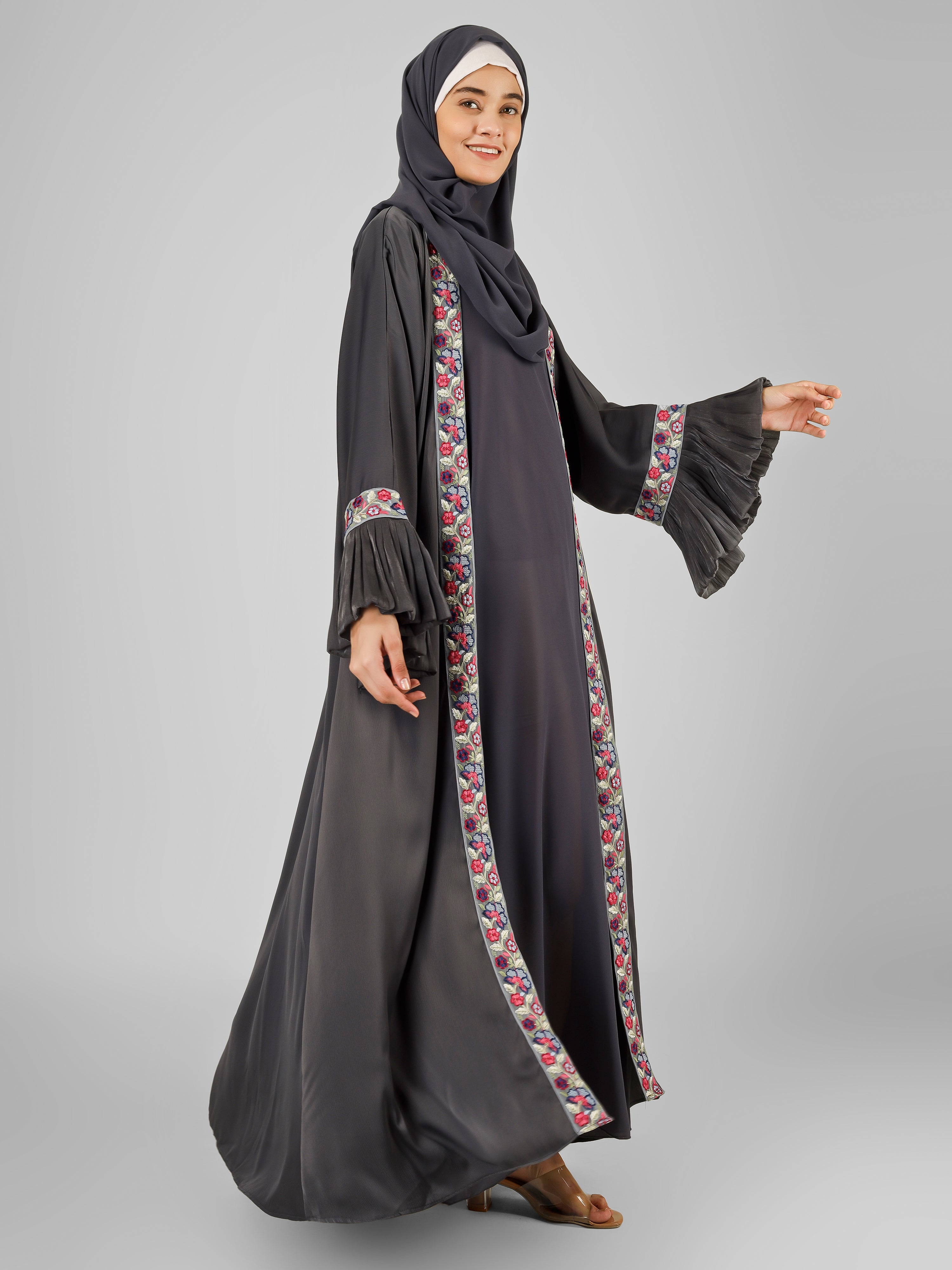 HEER ORGANZA SLEEVE ABAYA | GRAY