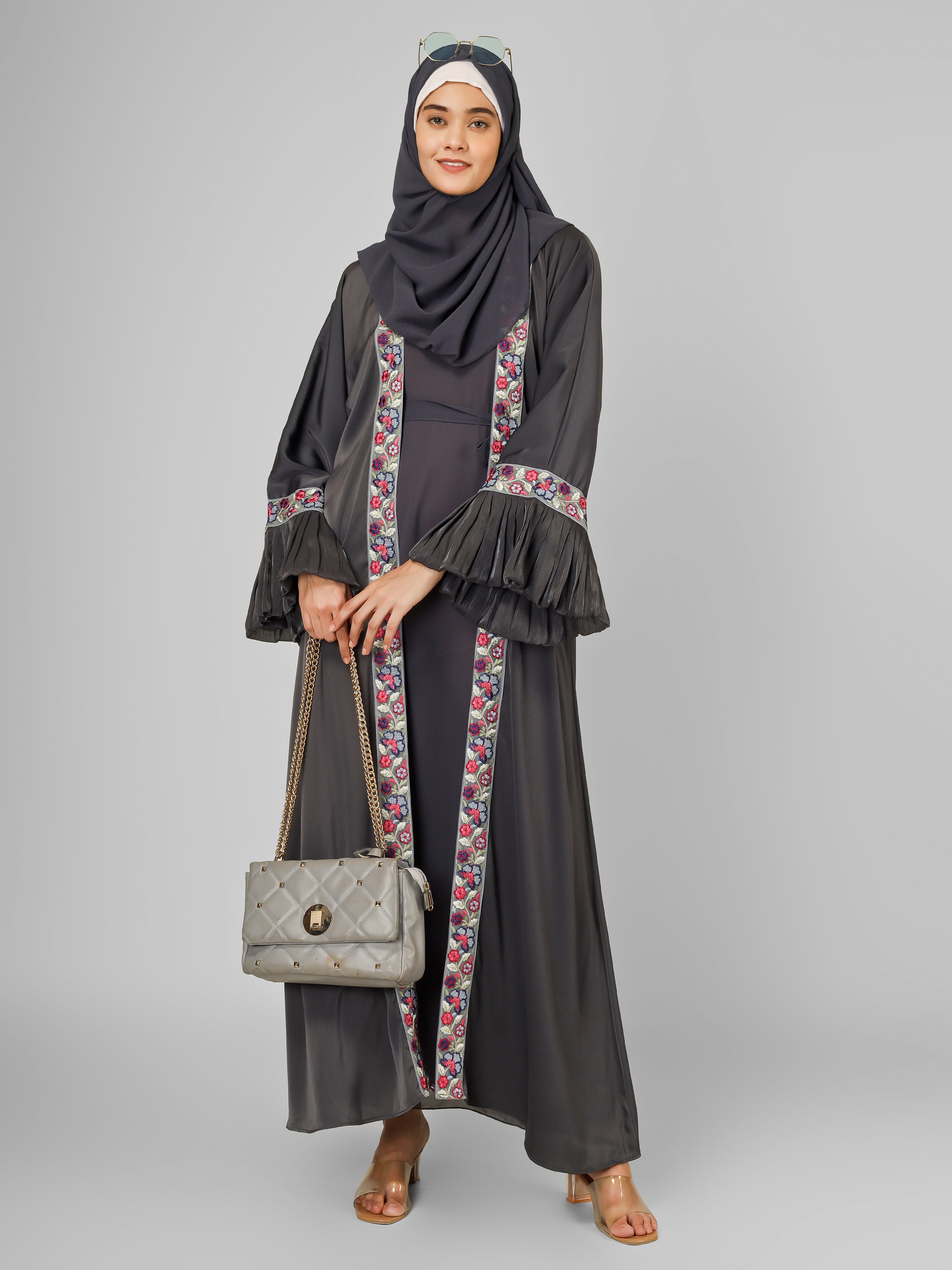 HEER ORGANZA SLEEVE ABAYA | GRAY