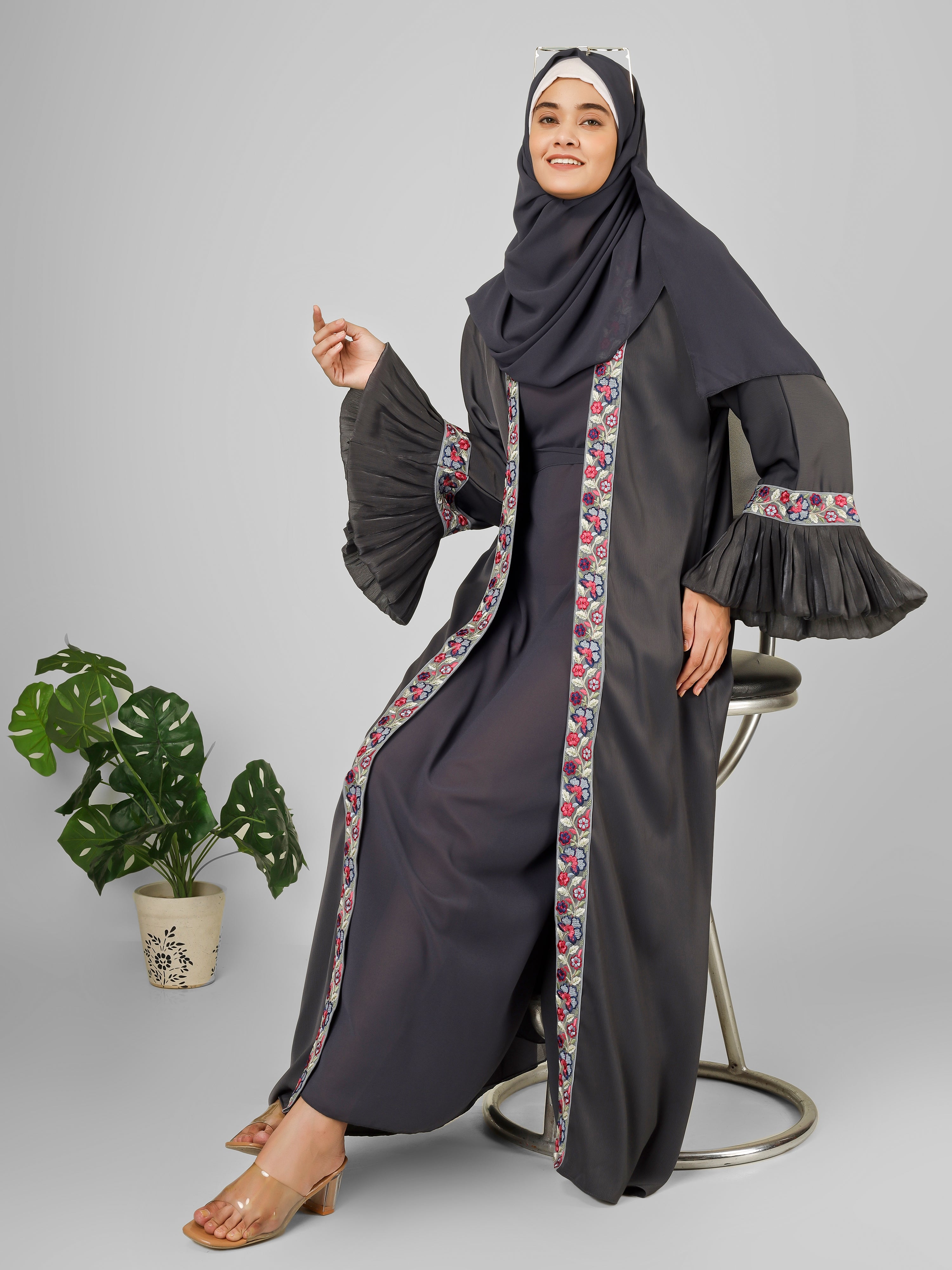 HEER ORGANZA SLEEVE ABAYA | GRAY