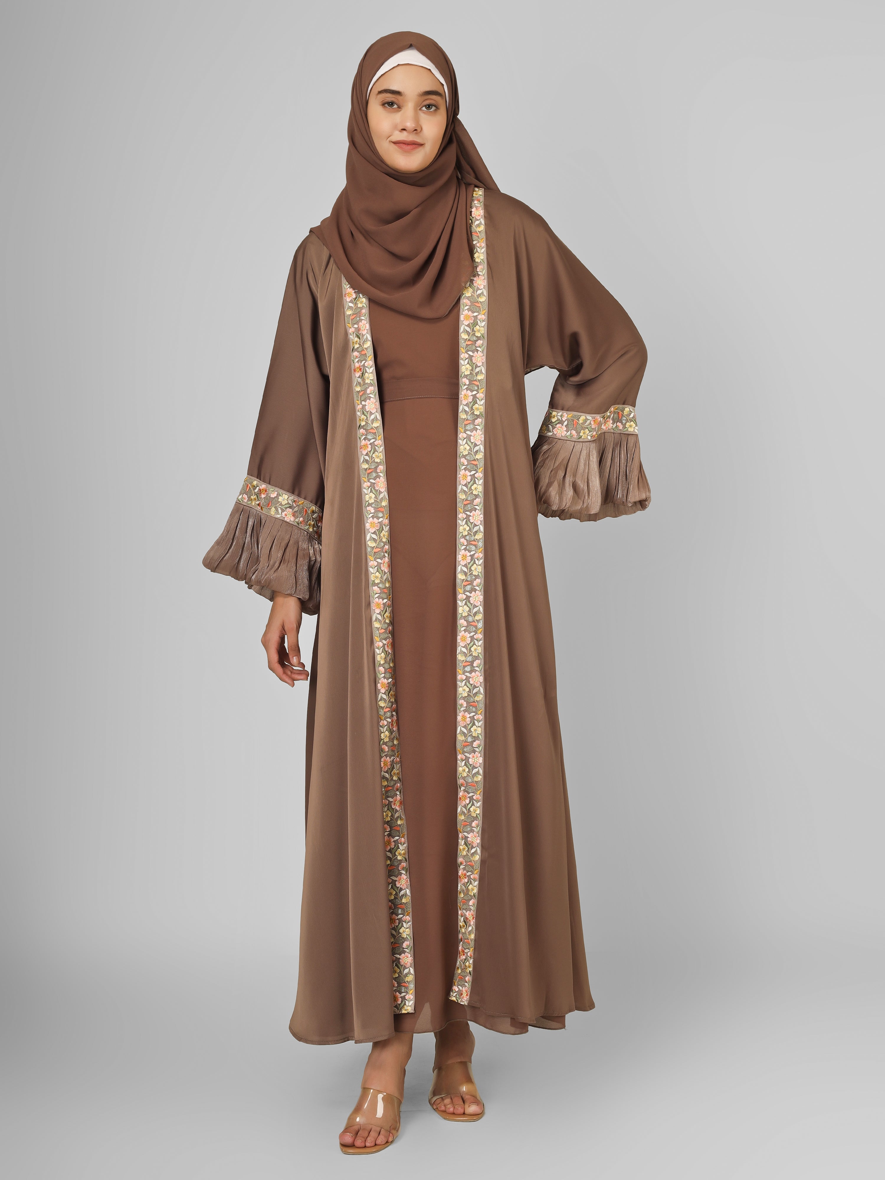 HEER ORGANZA SLEEVE ABAYA | BROWN