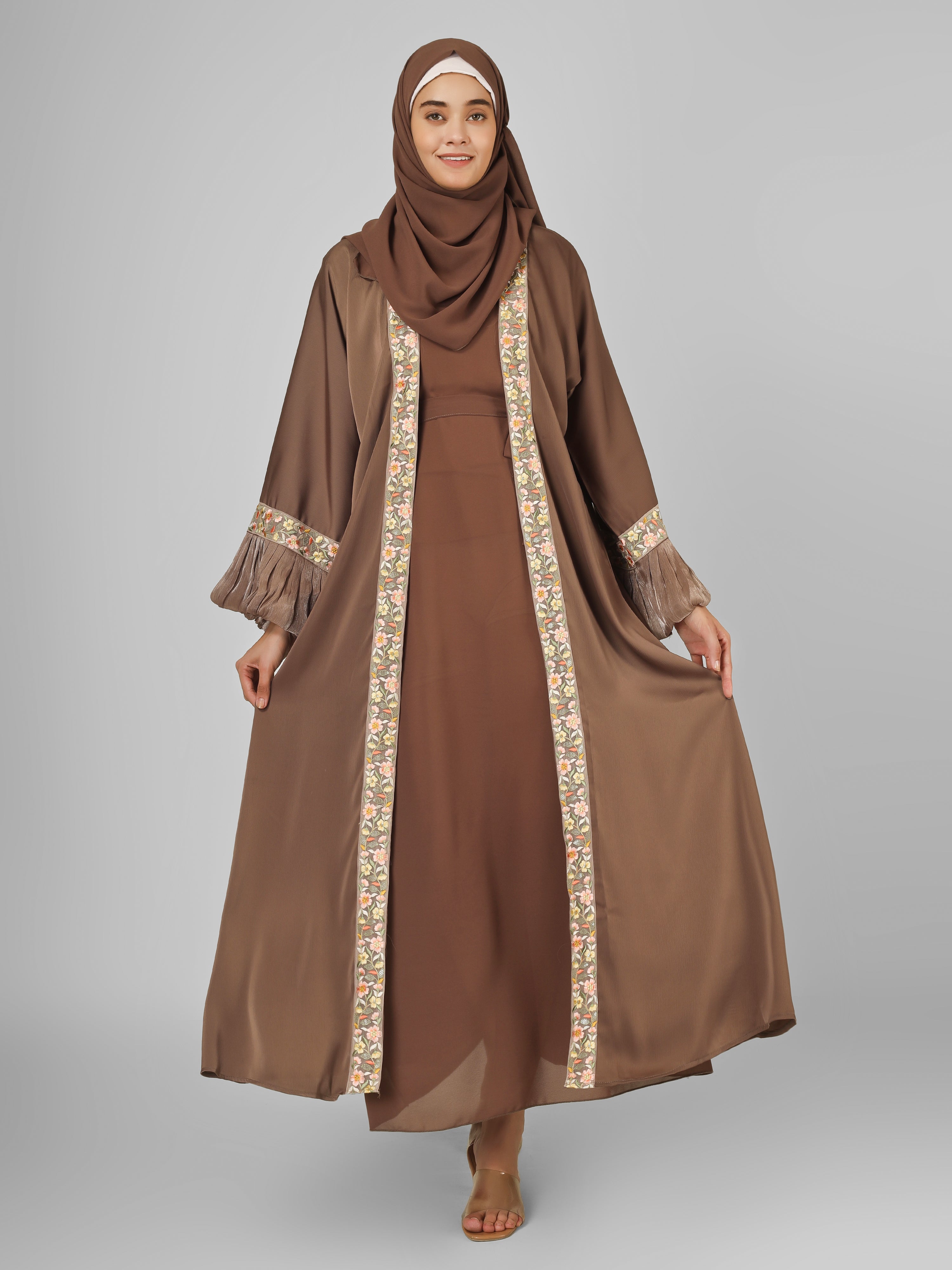 HEER ORGANZA SLEEVE ABAYA | BROWN