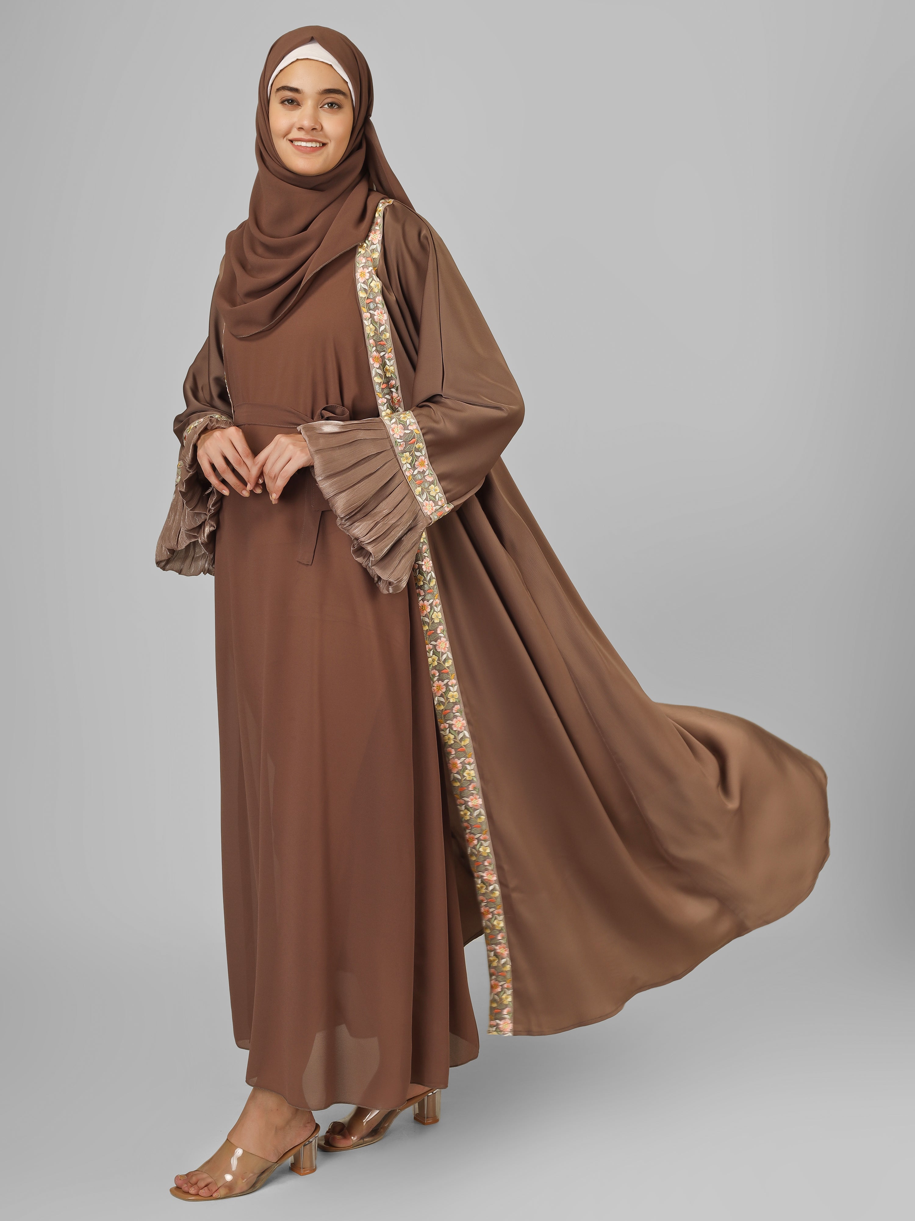 HEER ORGANZA SLEEVE ABAYA | BROWN