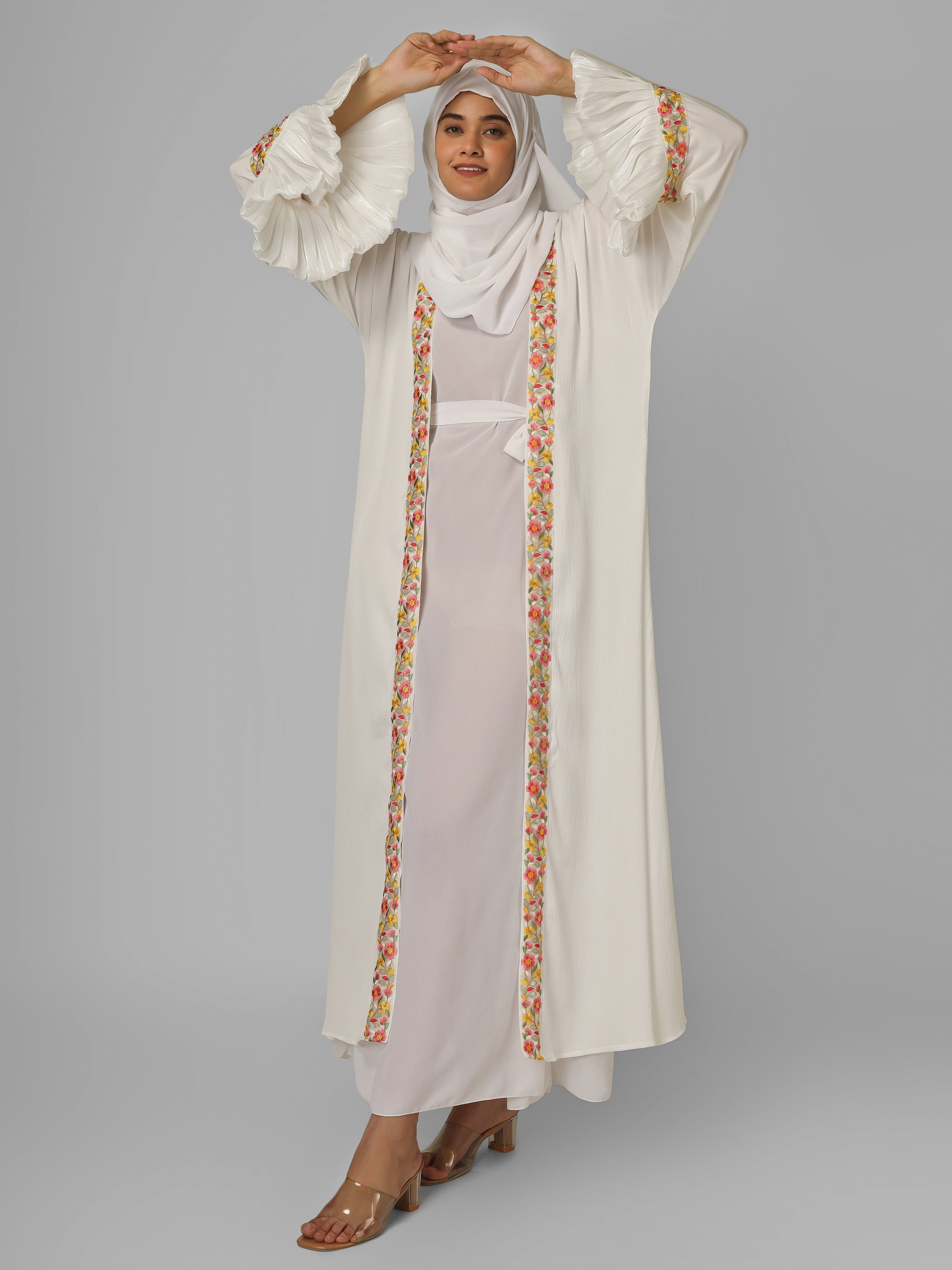 HEER ORGANZA SLEEVE ABAYA | WHITE