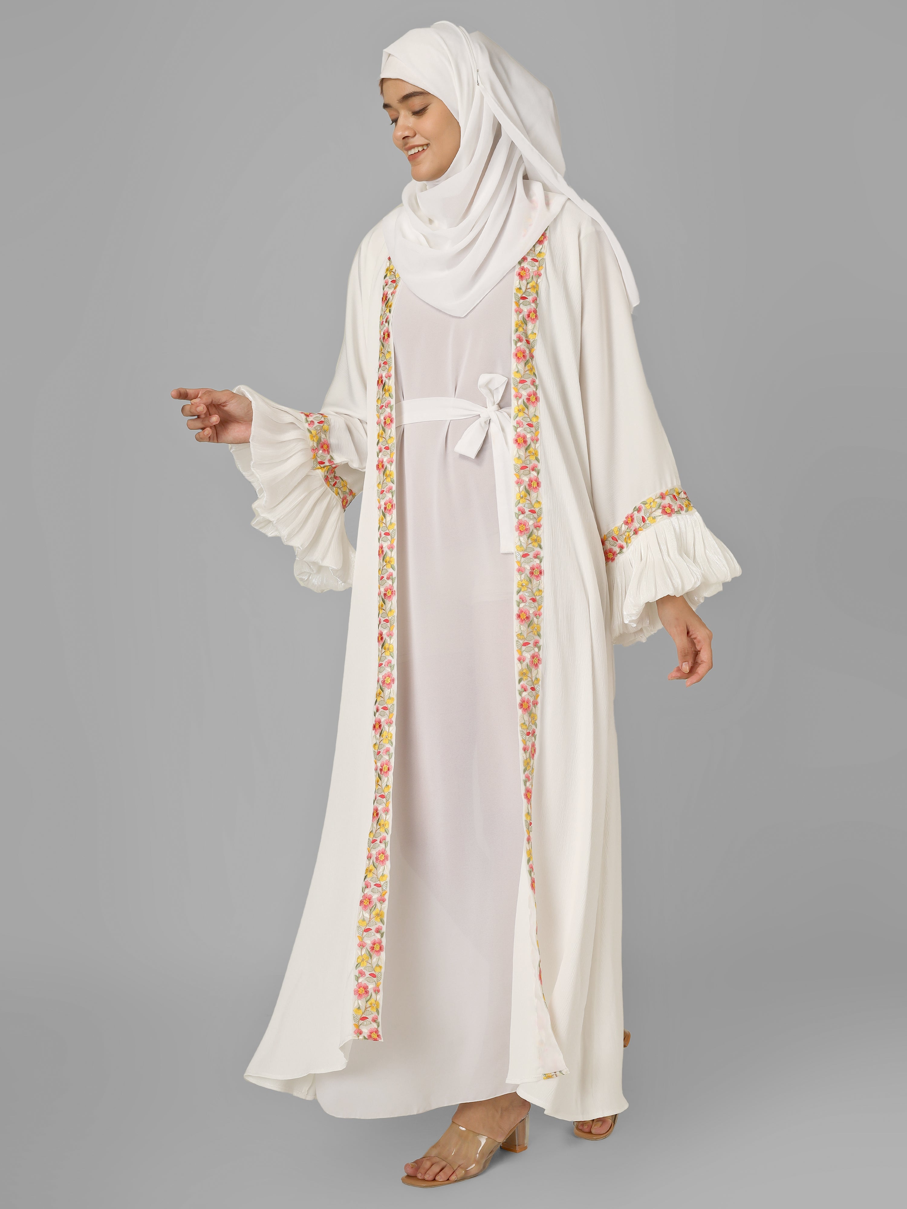 HEER ORGANZA SLEEVE ABAYA | WHITE