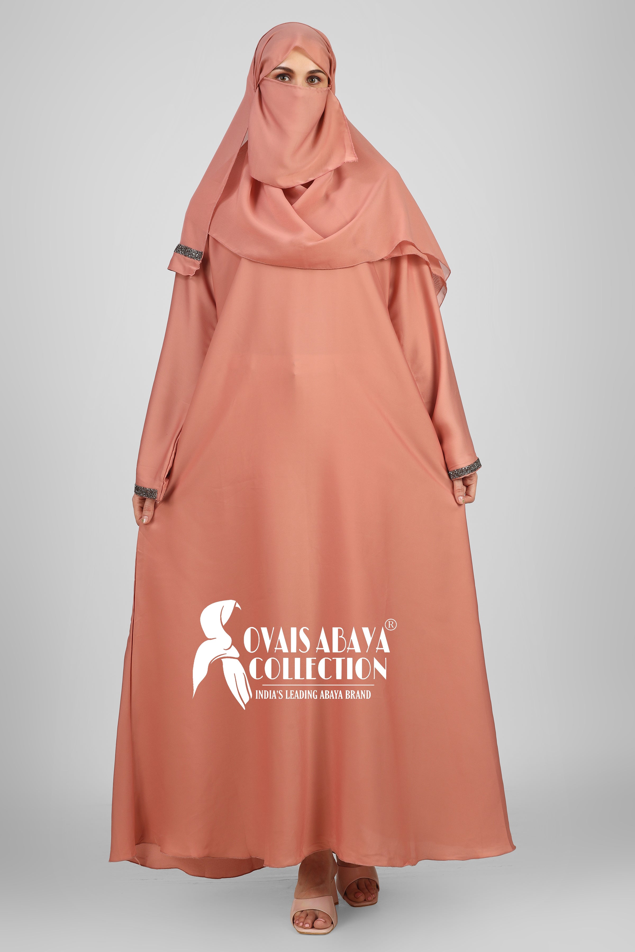 Imported Zainab Stone Lace Abaya ( PEACH )