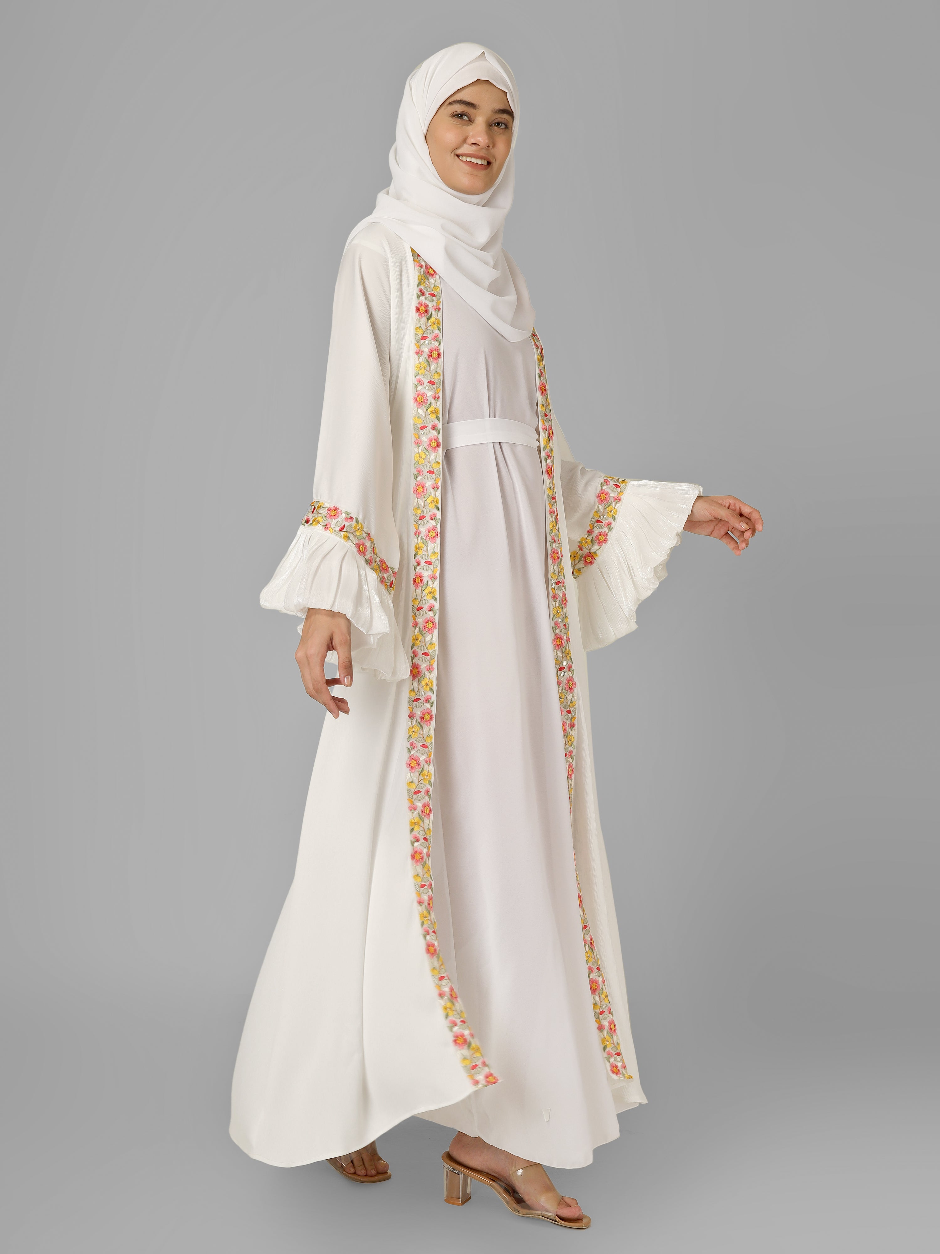 HEER ORGANZA SLEEVE ABAYA | WHITE