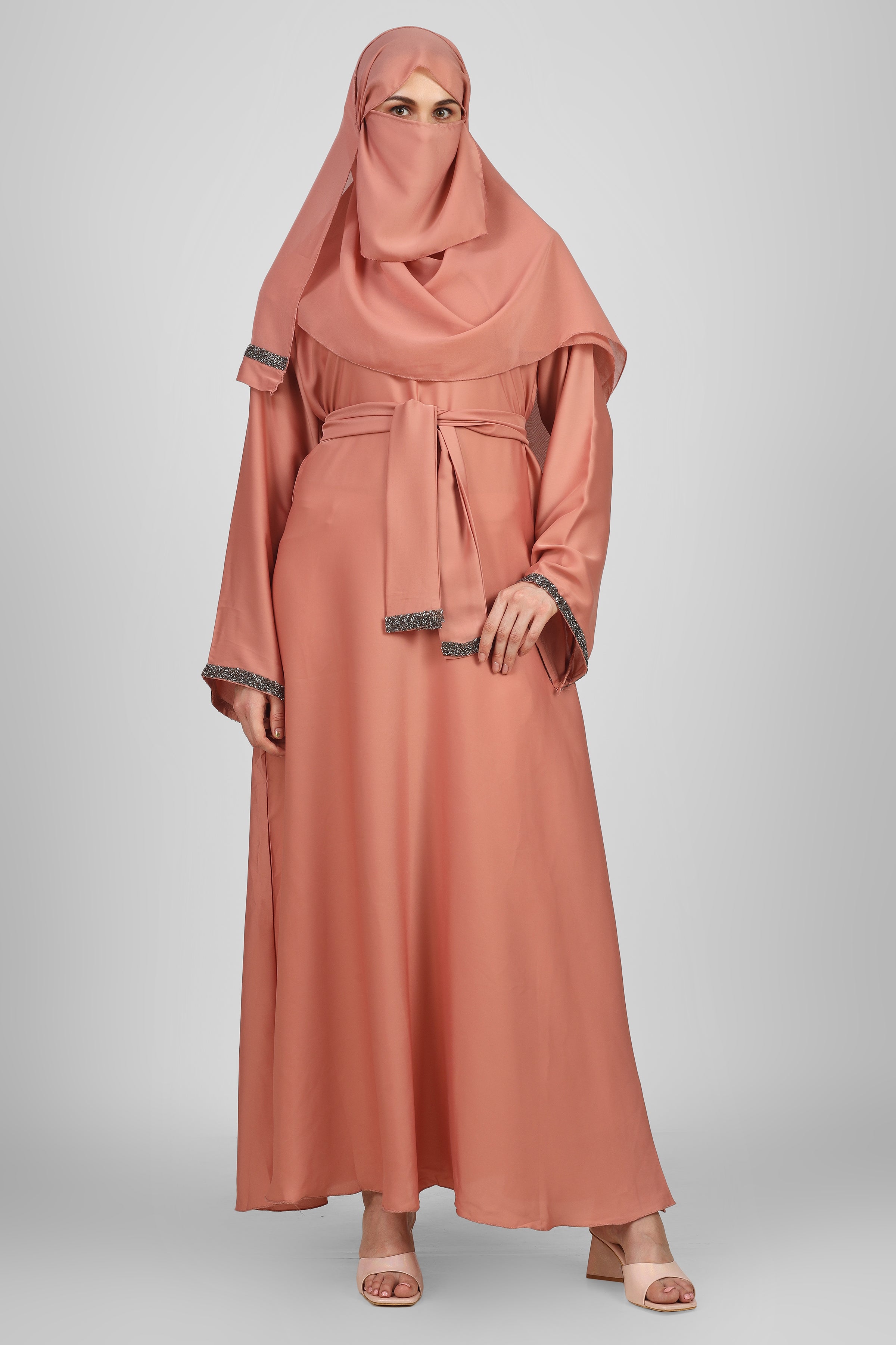 Imported Zainab Stone Lace Abaya ( PEACH )