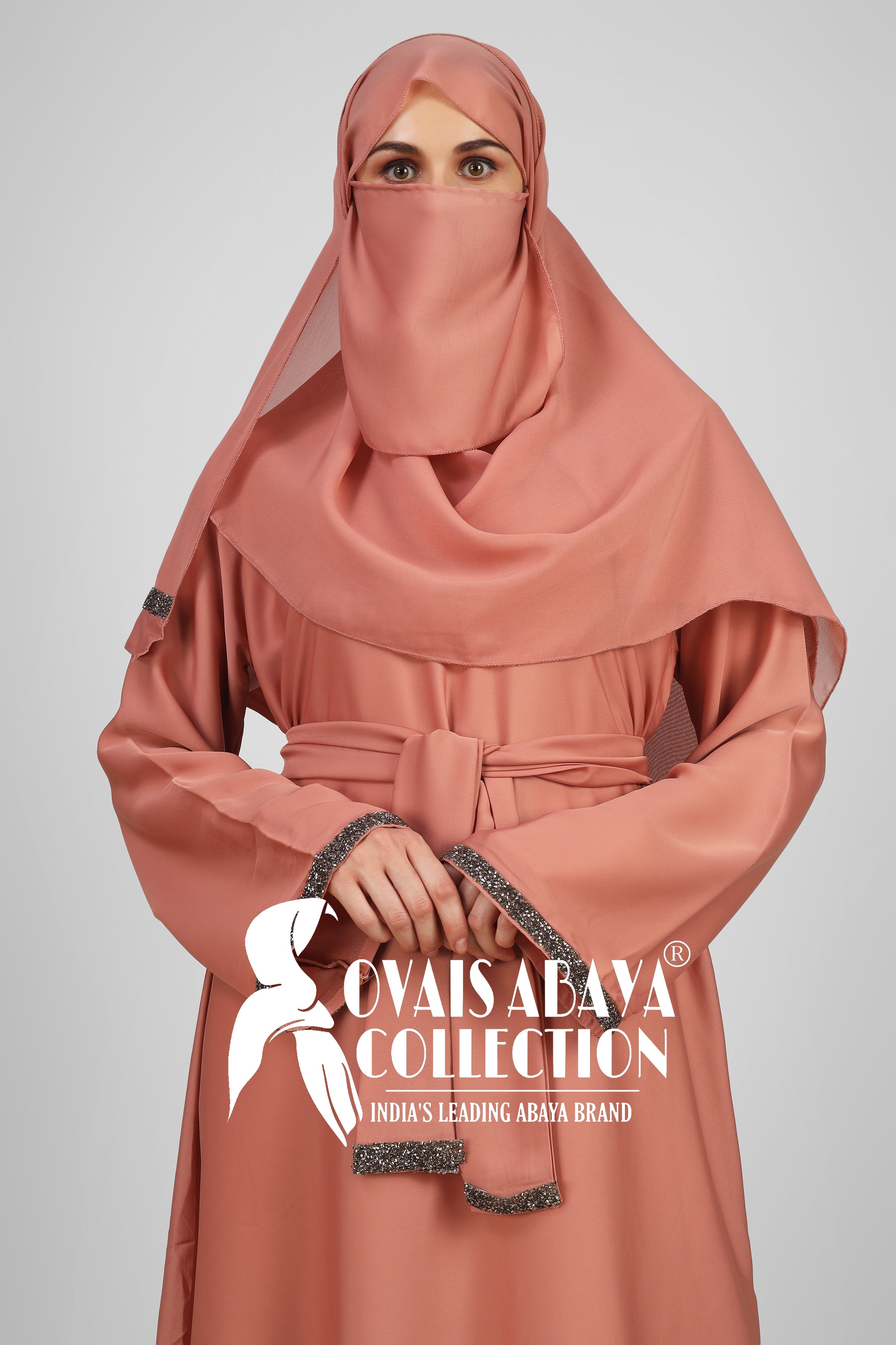 Imported Zainab Stone Lace Abaya ( PEACH )