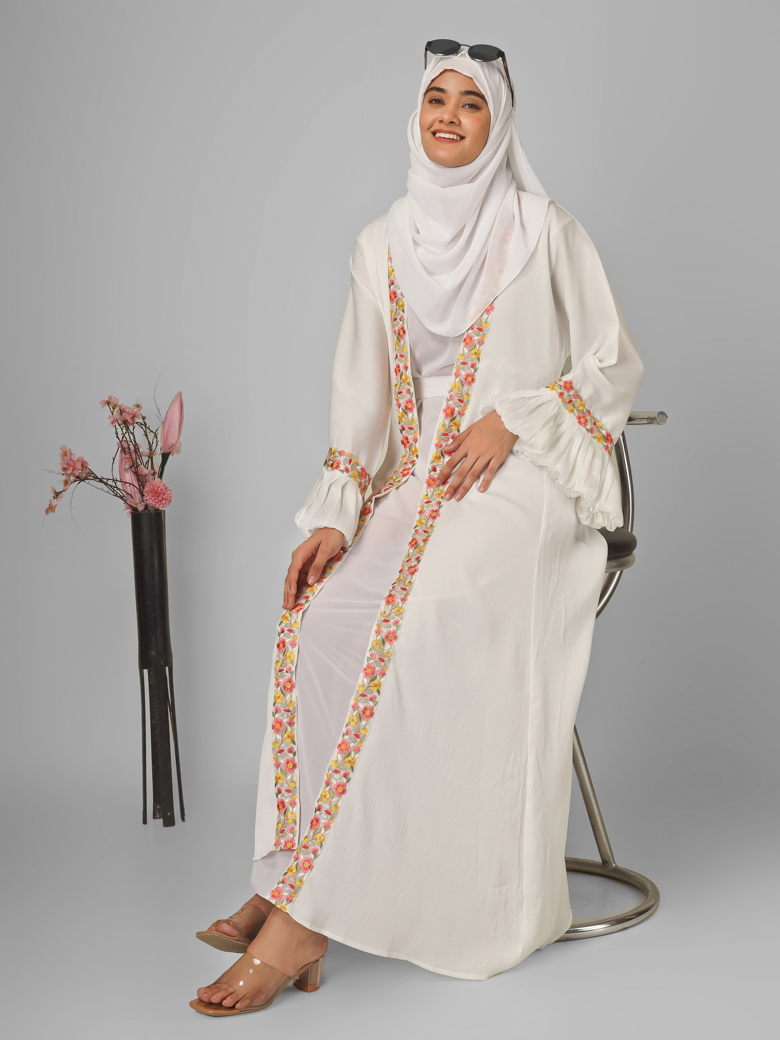 HEER ORGANZA SLEEVE ABAYA | WHITE