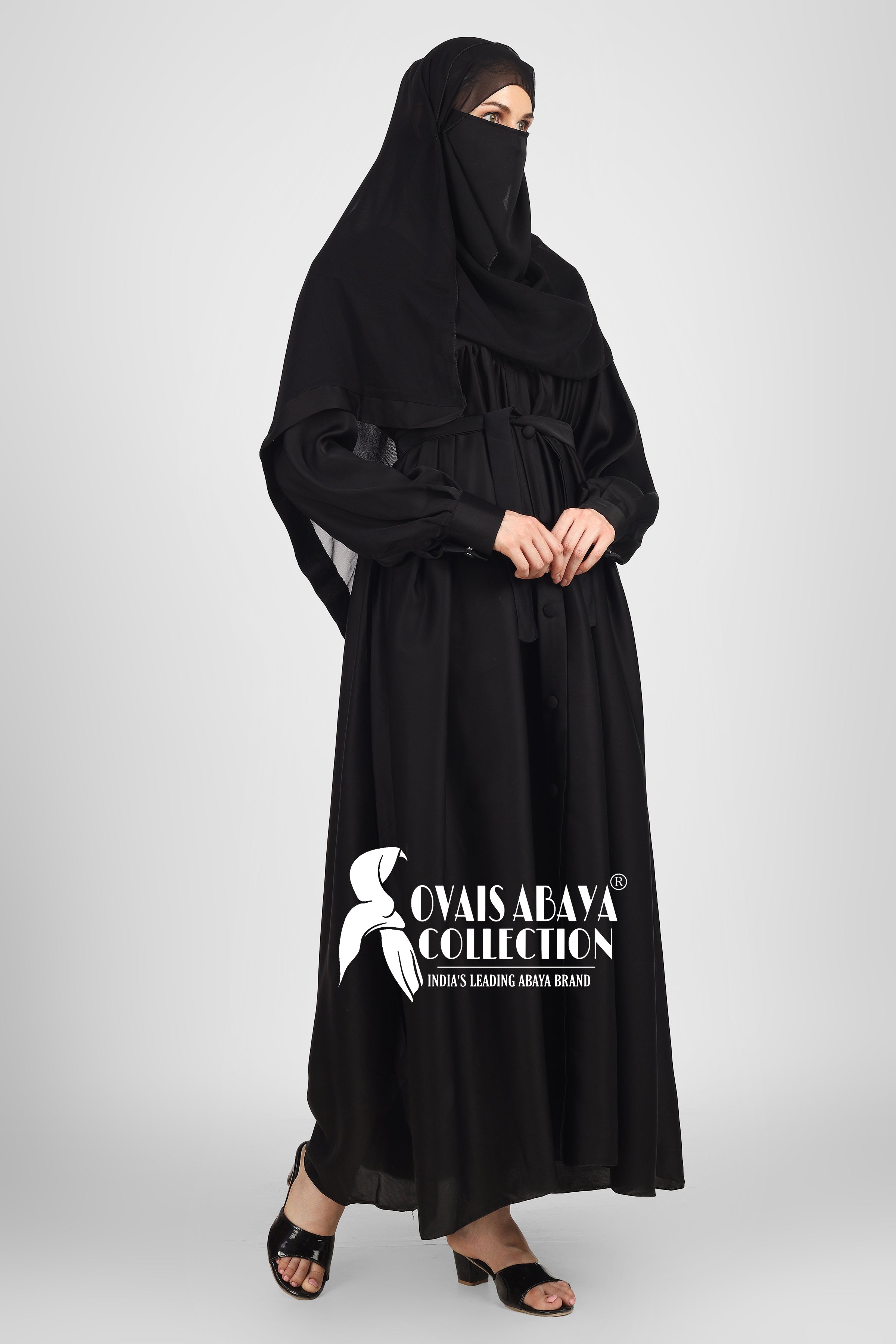 Beautiful Frill Plates Work Buttons Abaya ( BLACK )