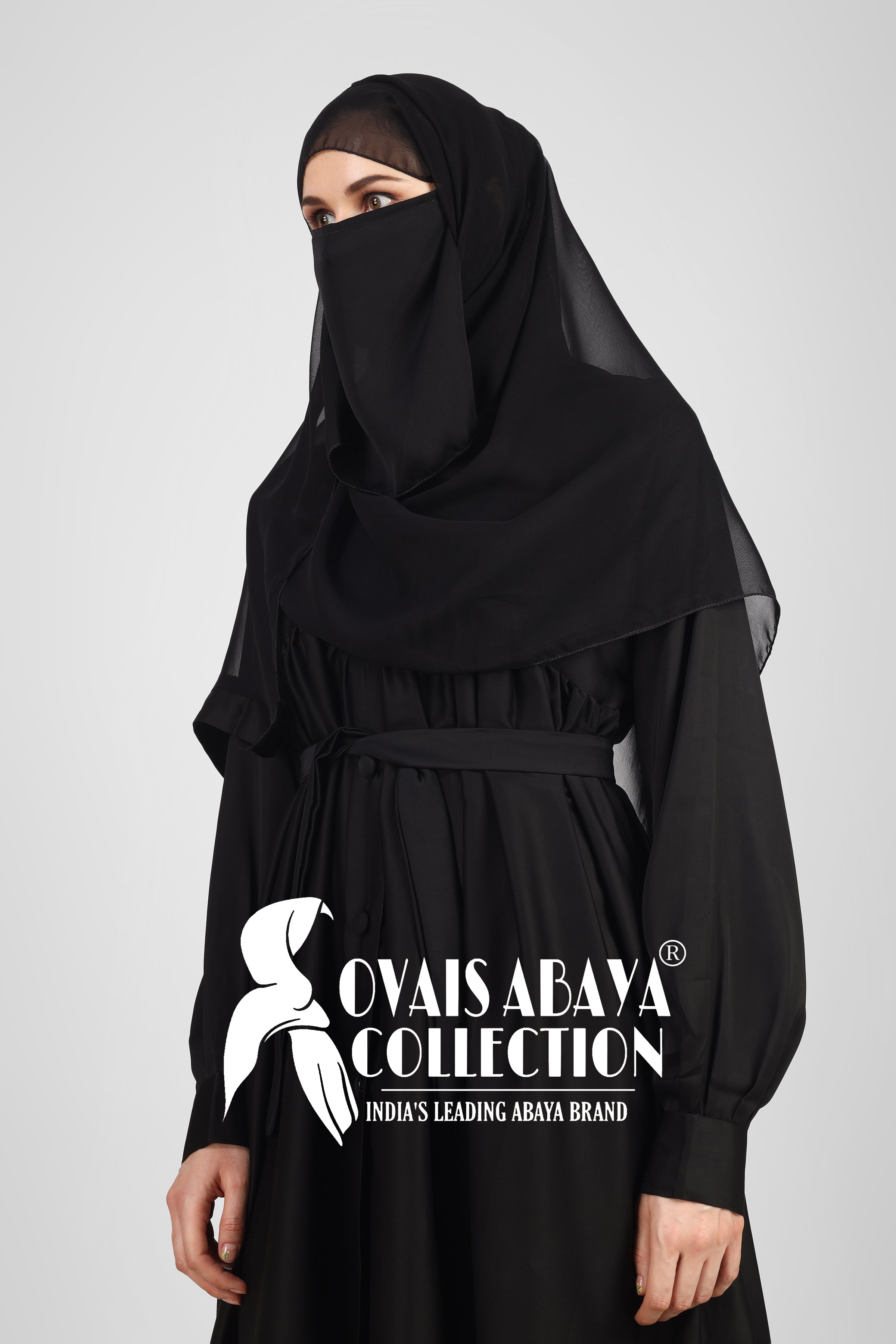 Beautiful Frill Plates Work Buttons Abaya ( BLACK )