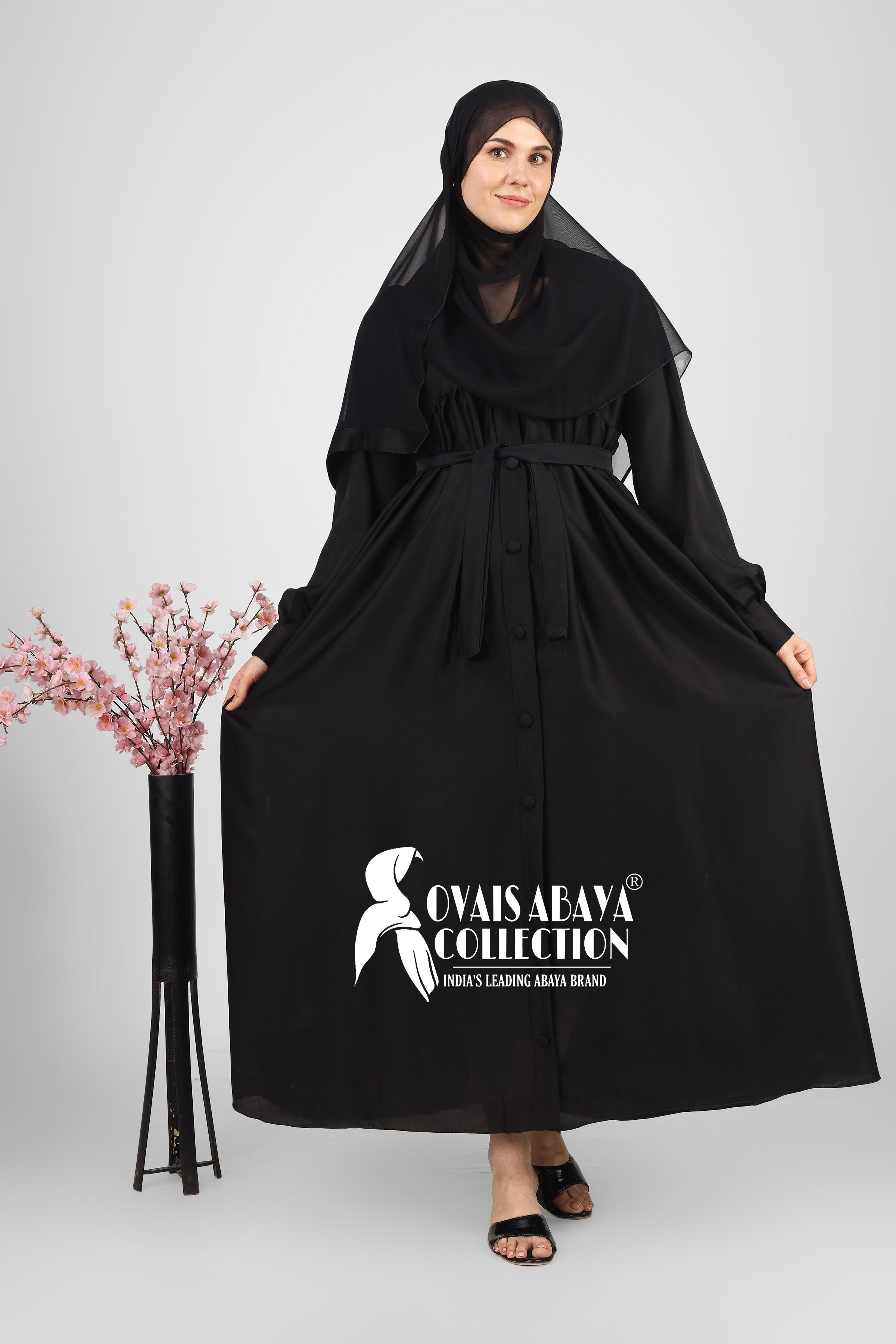 Beautiful Frill Plates Work Buttons Abaya ( BLACK )