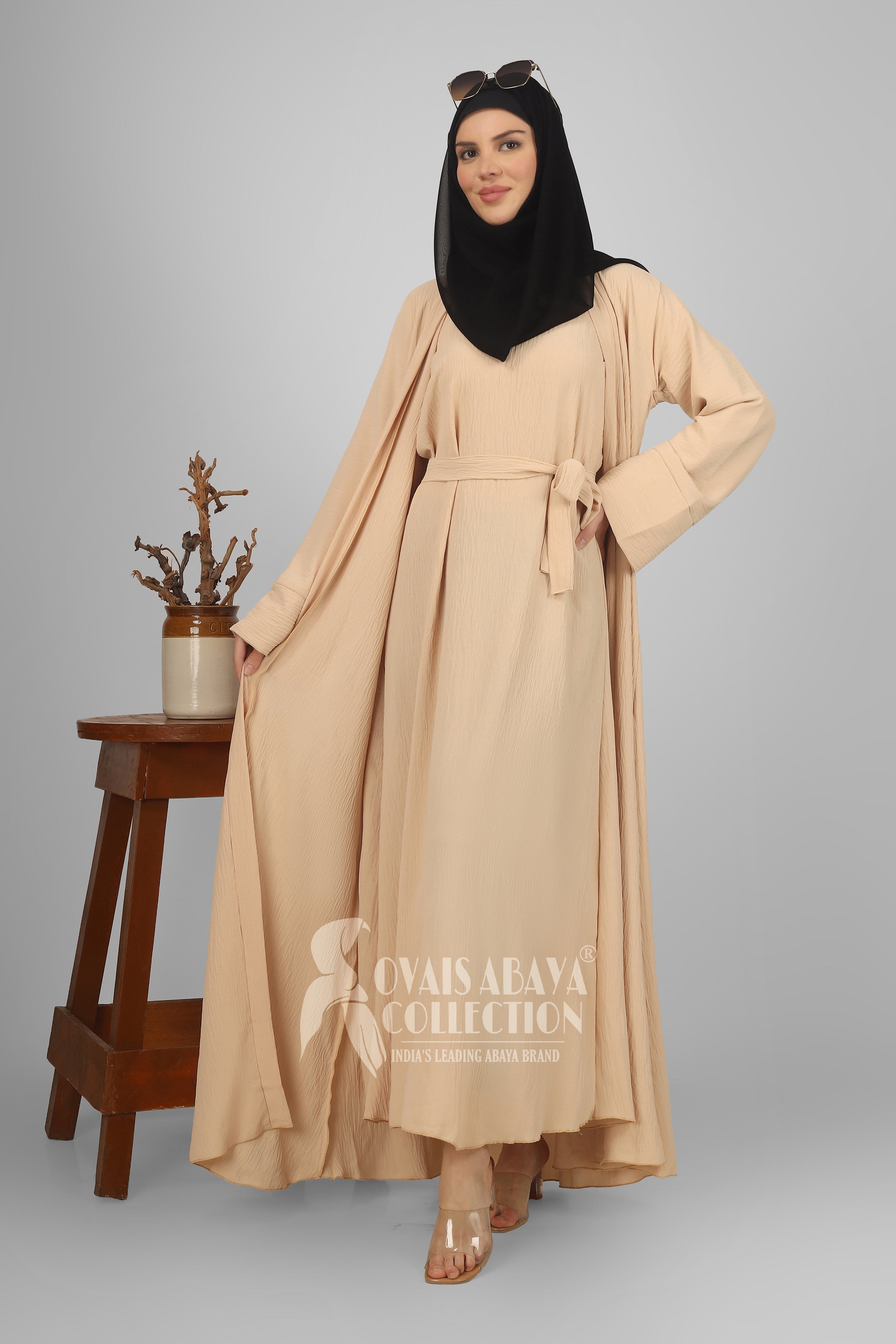 Original Dubai Crush Double Shrugs Abaya LITE NUDE ( Limited - Stock )