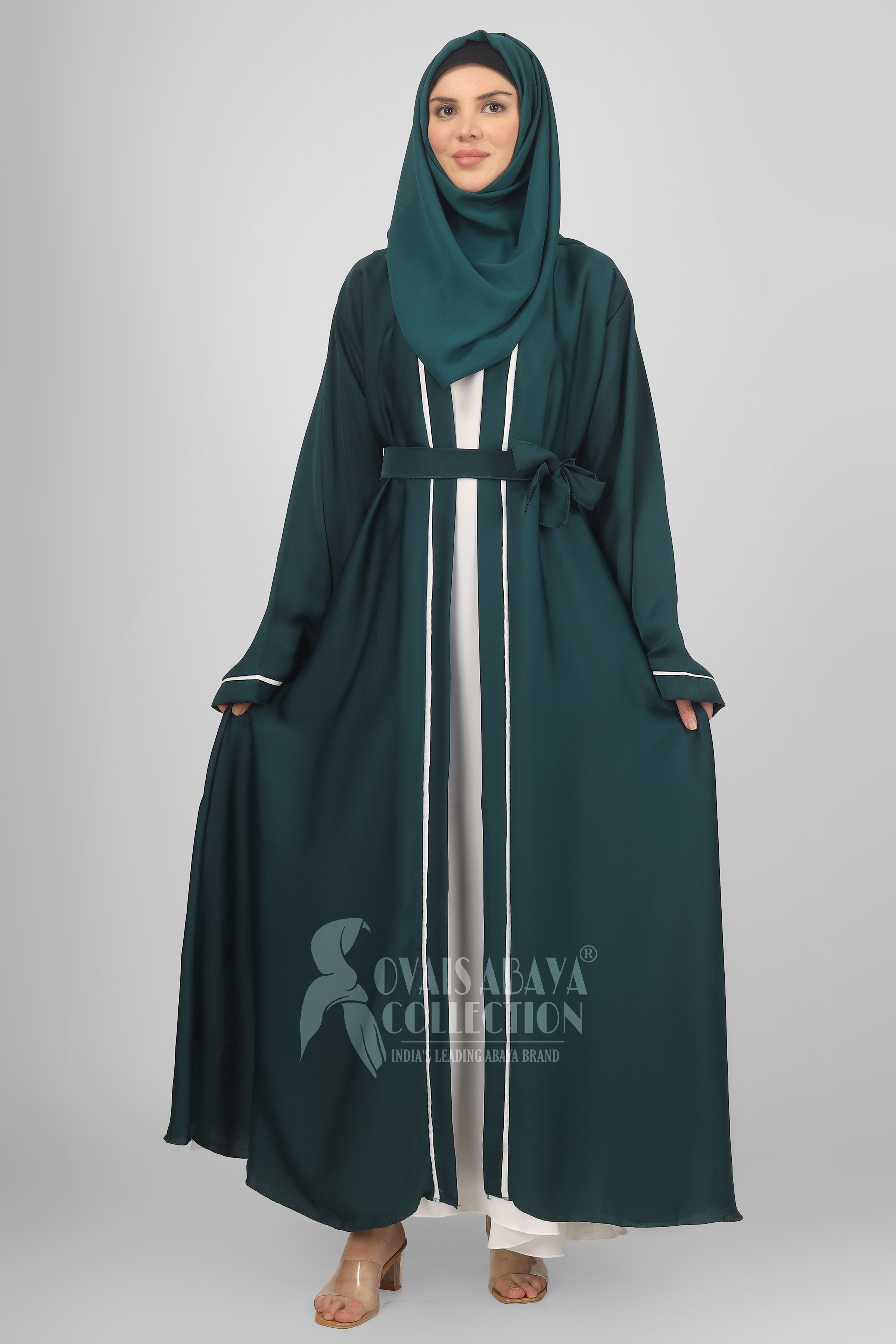 Ruhi Imported Double Shrugs Abaya TEAL TO WHITE - ( New - Edition )