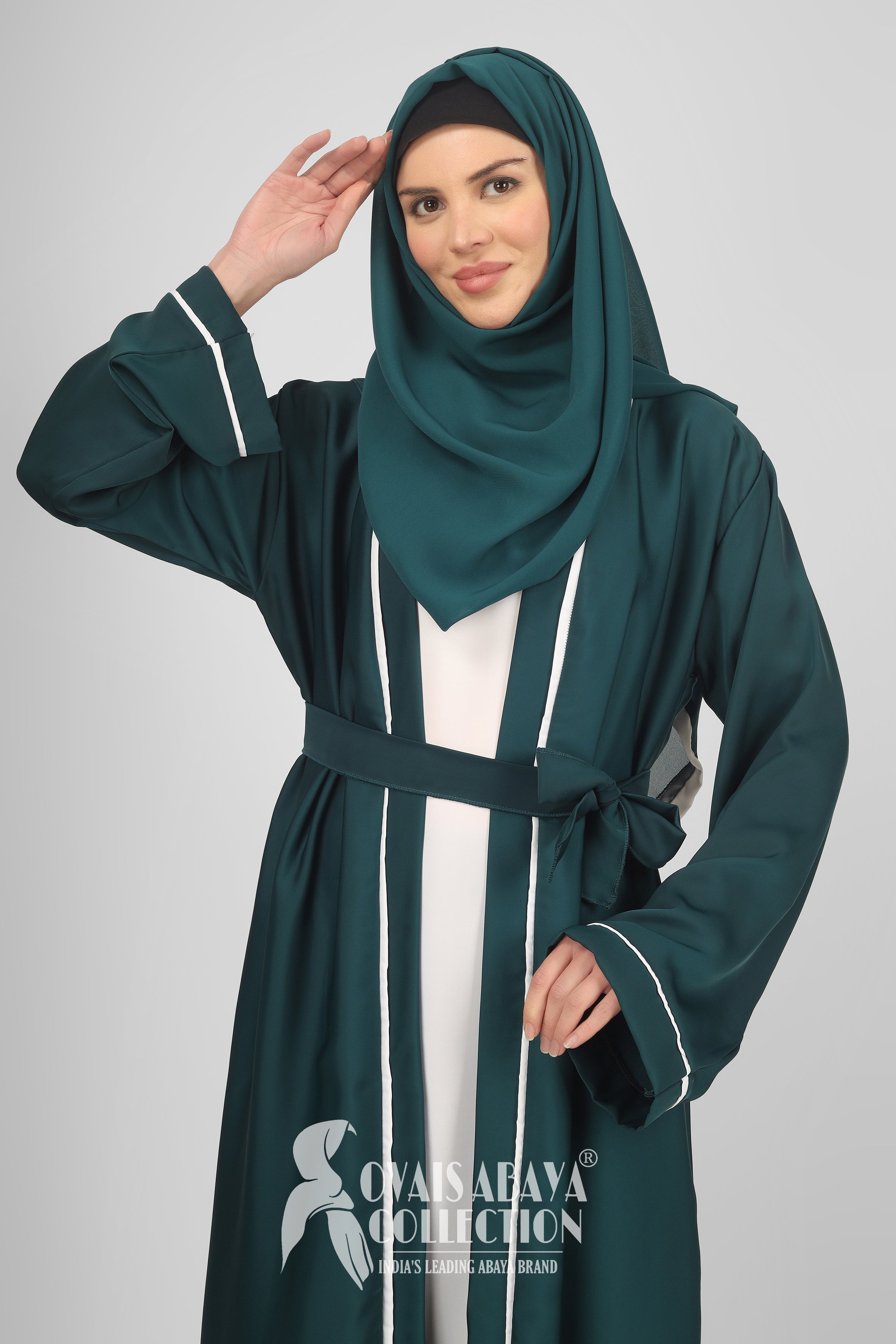 Ruhi Imported Double Shrugs Abaya TEAL TO WHITE - ( New - Edition )