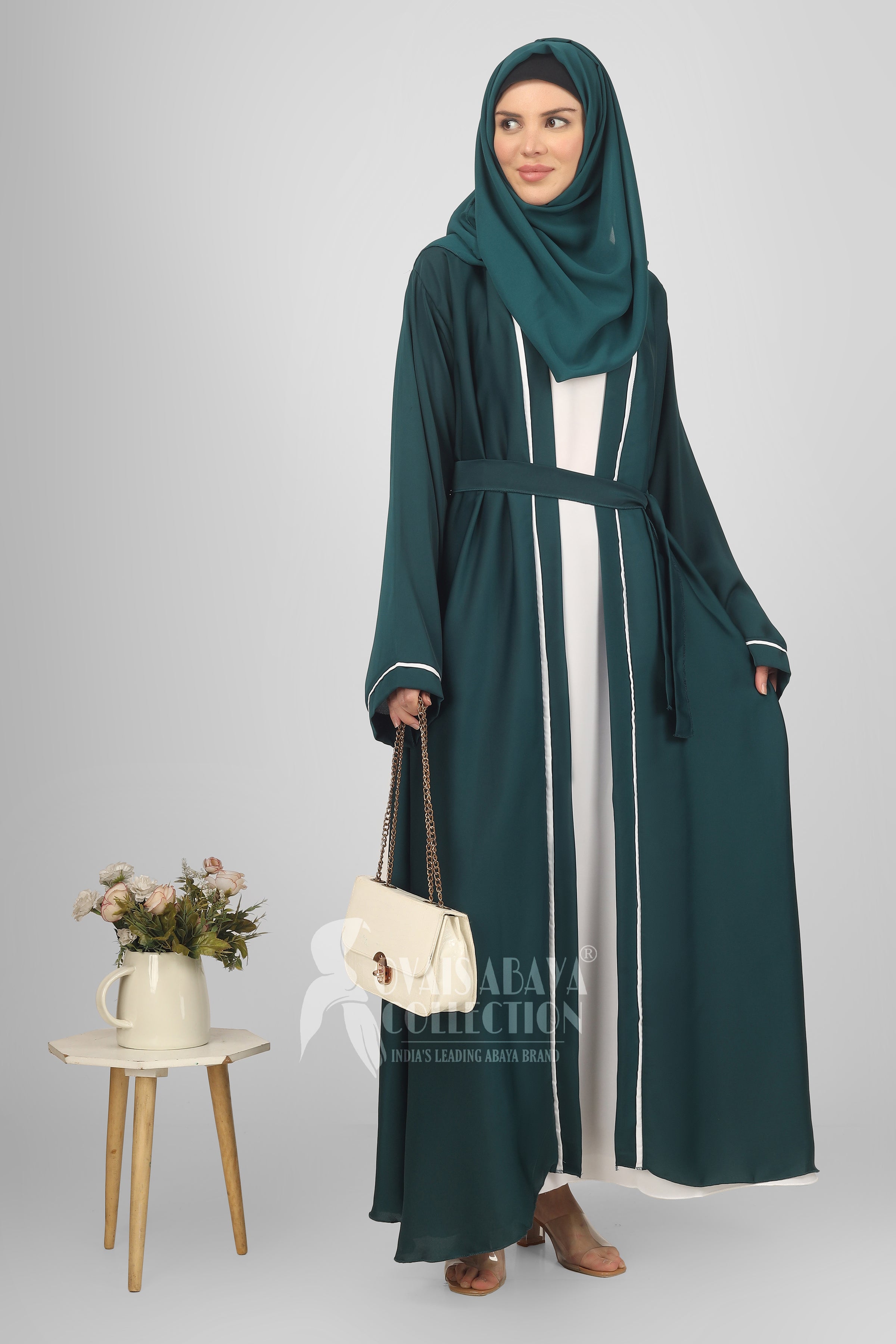 Ruhi Imported Double Shrugs Abaya TEAL TO WHITE - ( New - Edition )