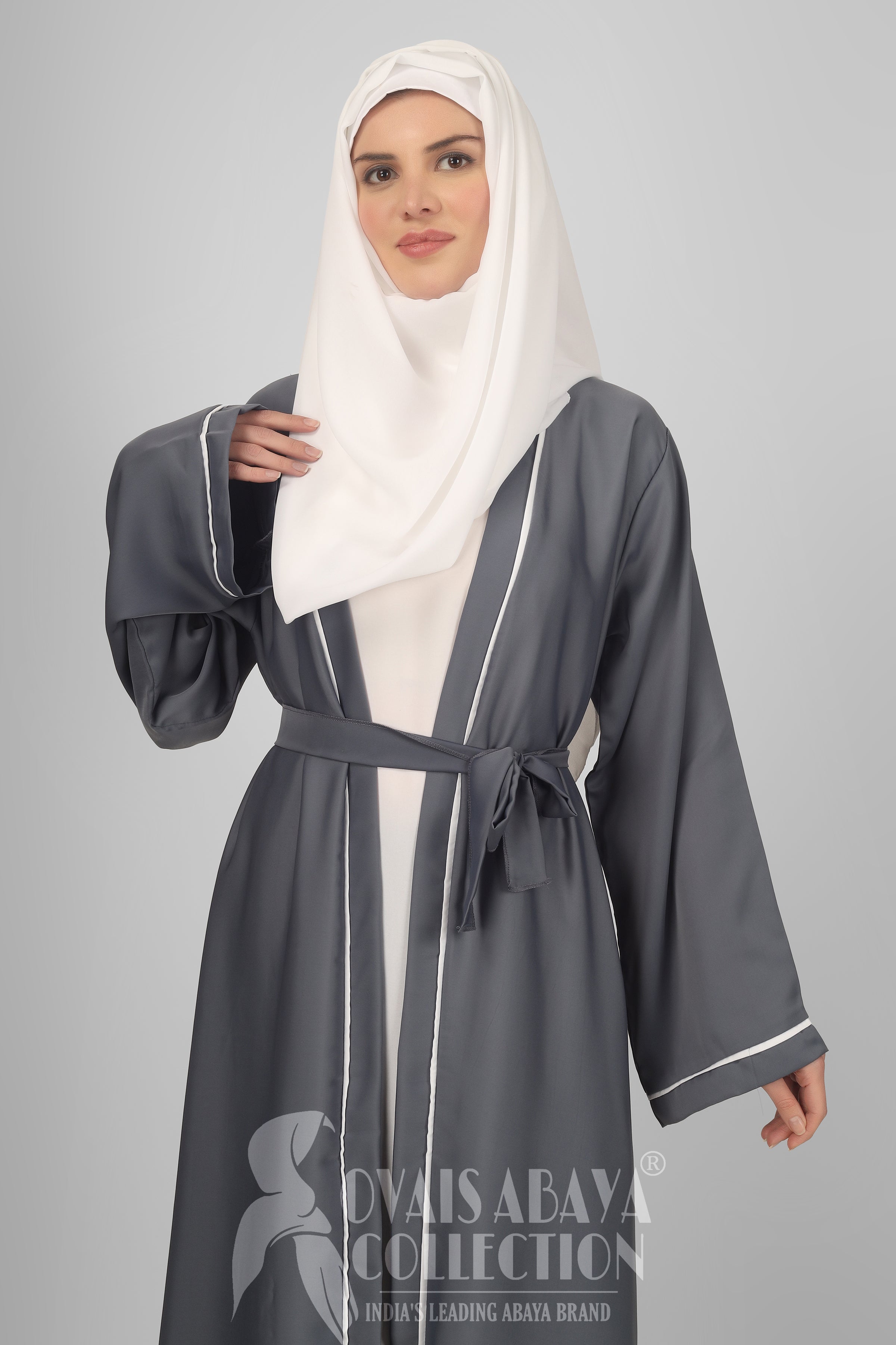 Ruhi Imported Double Shrugs Abaya LITE GRAY TO WHITE - ( New - Edition )