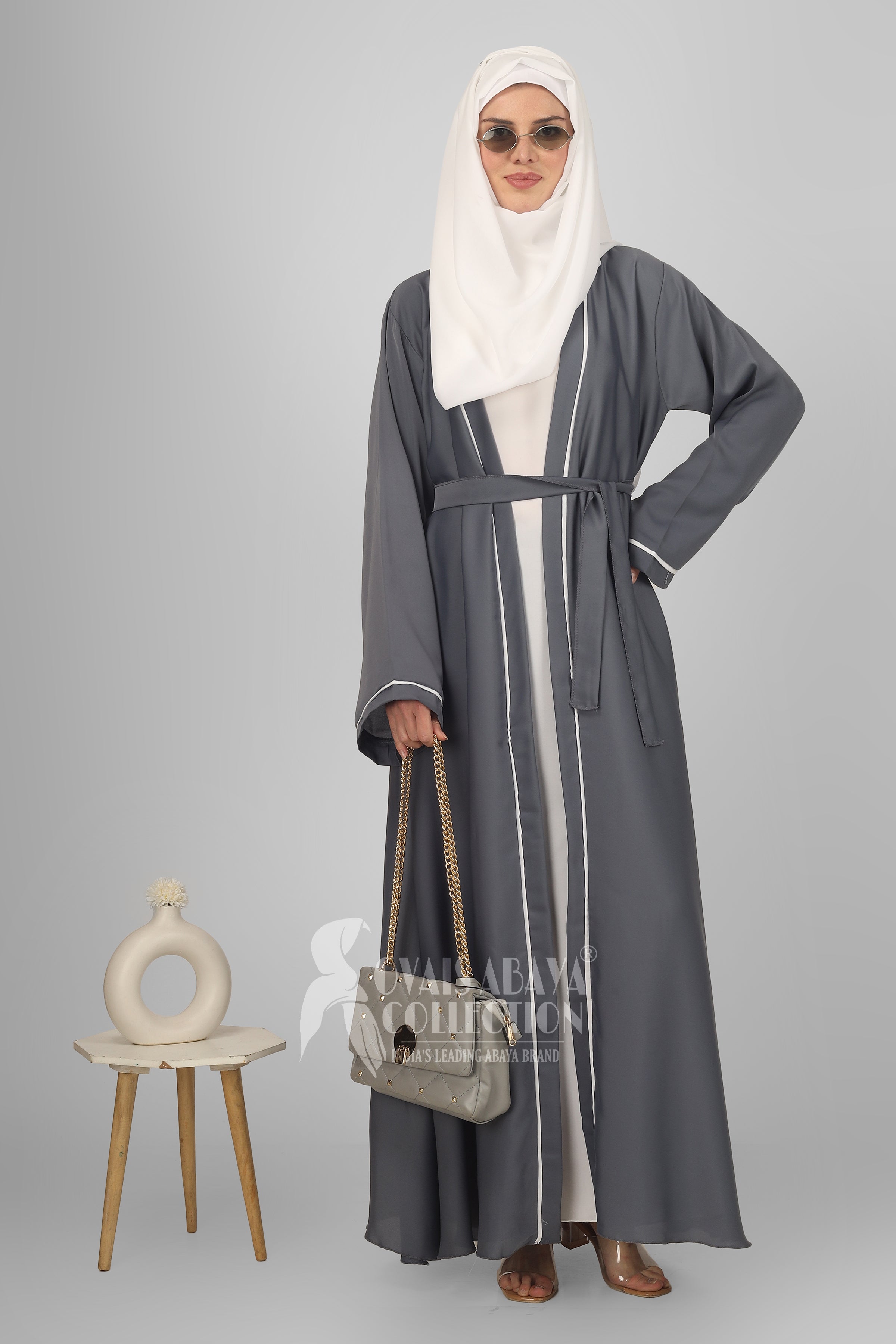 Ruhi Imported Double Shrugs Abaya LITE GRAY TO WHITE - ( New - Edition )