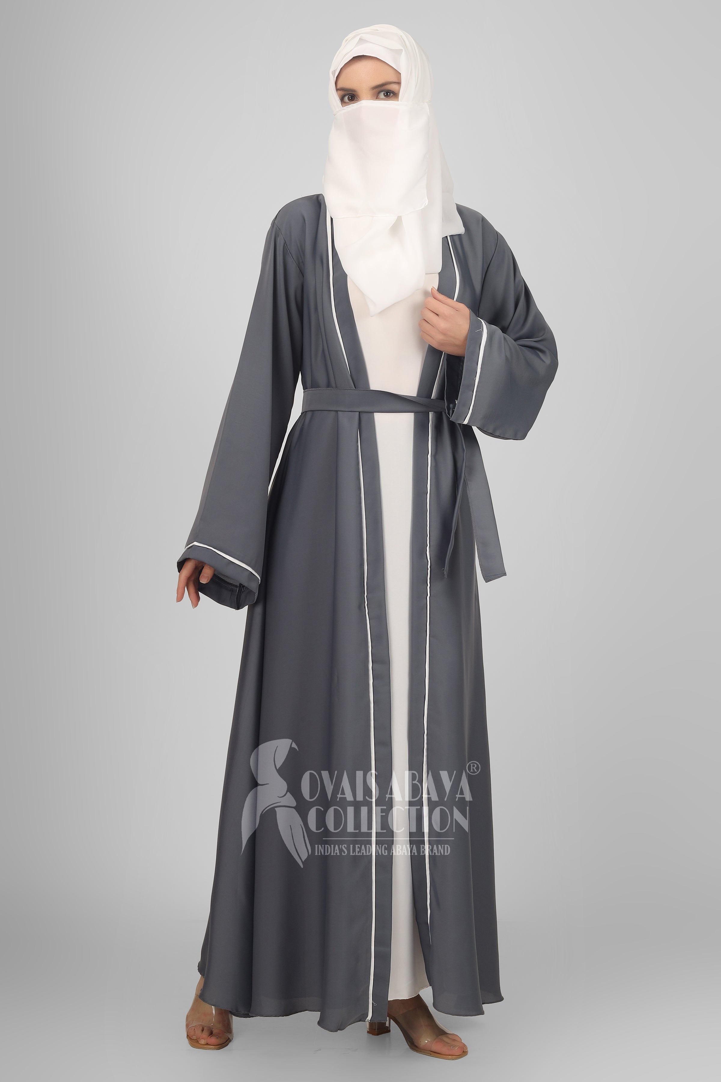 Ruhi Imported Double Shrugs Abaya LITE GRAY TO WHITE - ( New - Edition )