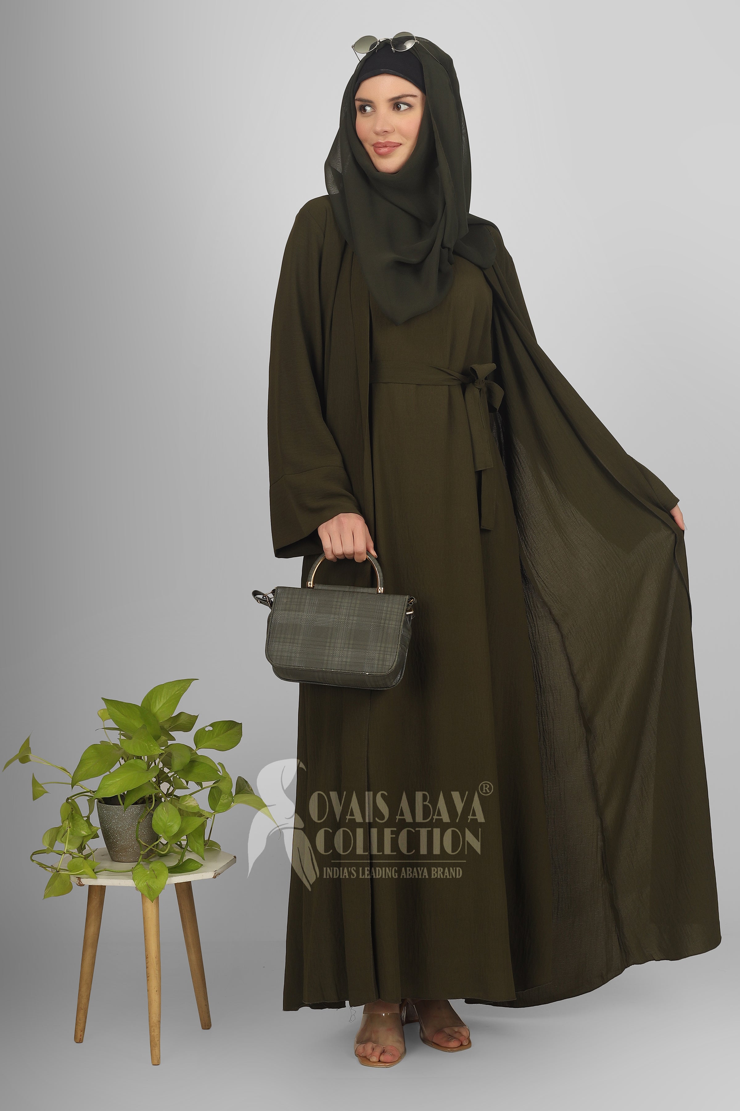 DUBAI CRUSH DOUBLE SHRUG ABAYA OLIVE 50