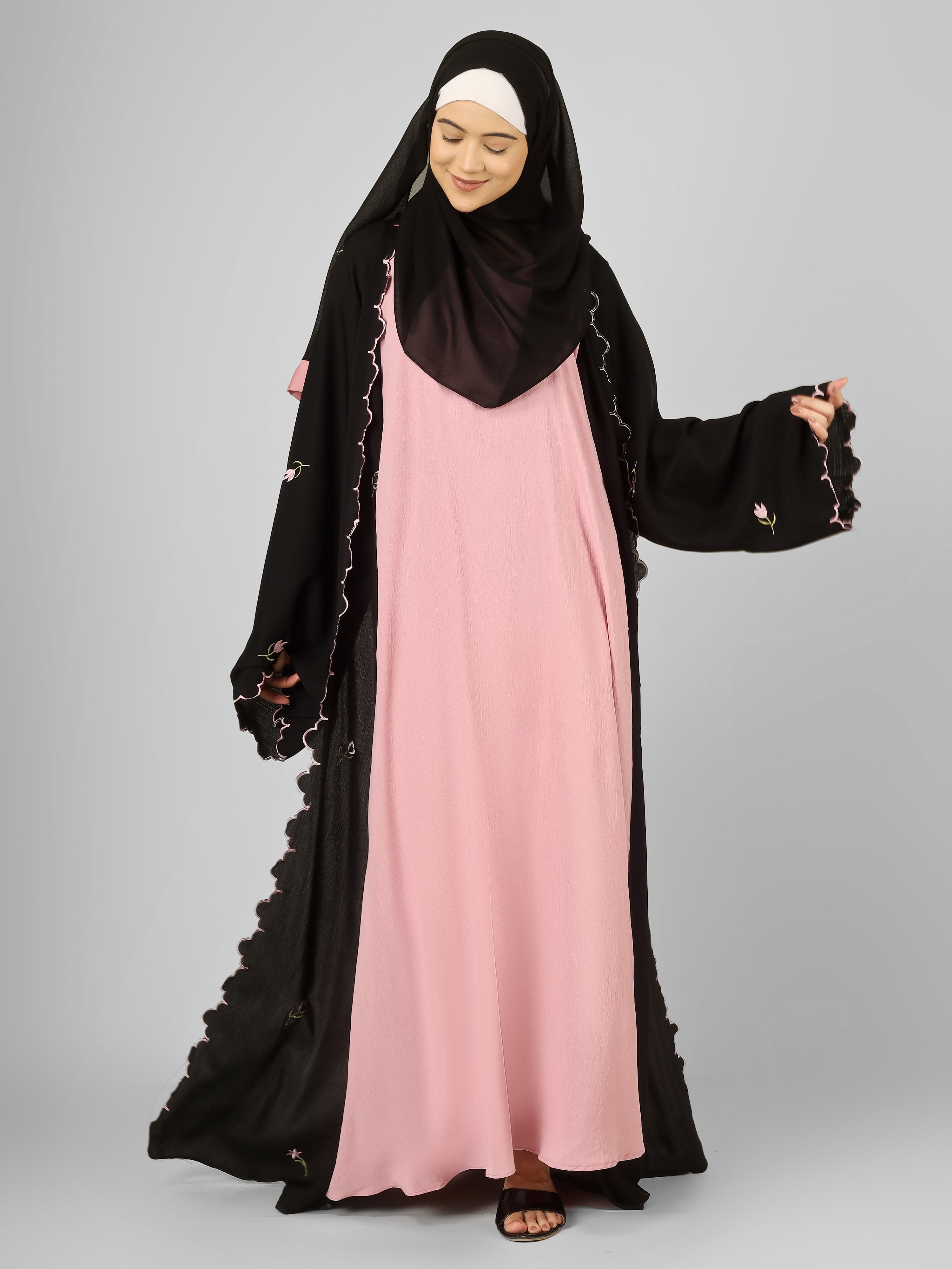 TEHMINA DOUBLE SHRUG ABAYA | PINK