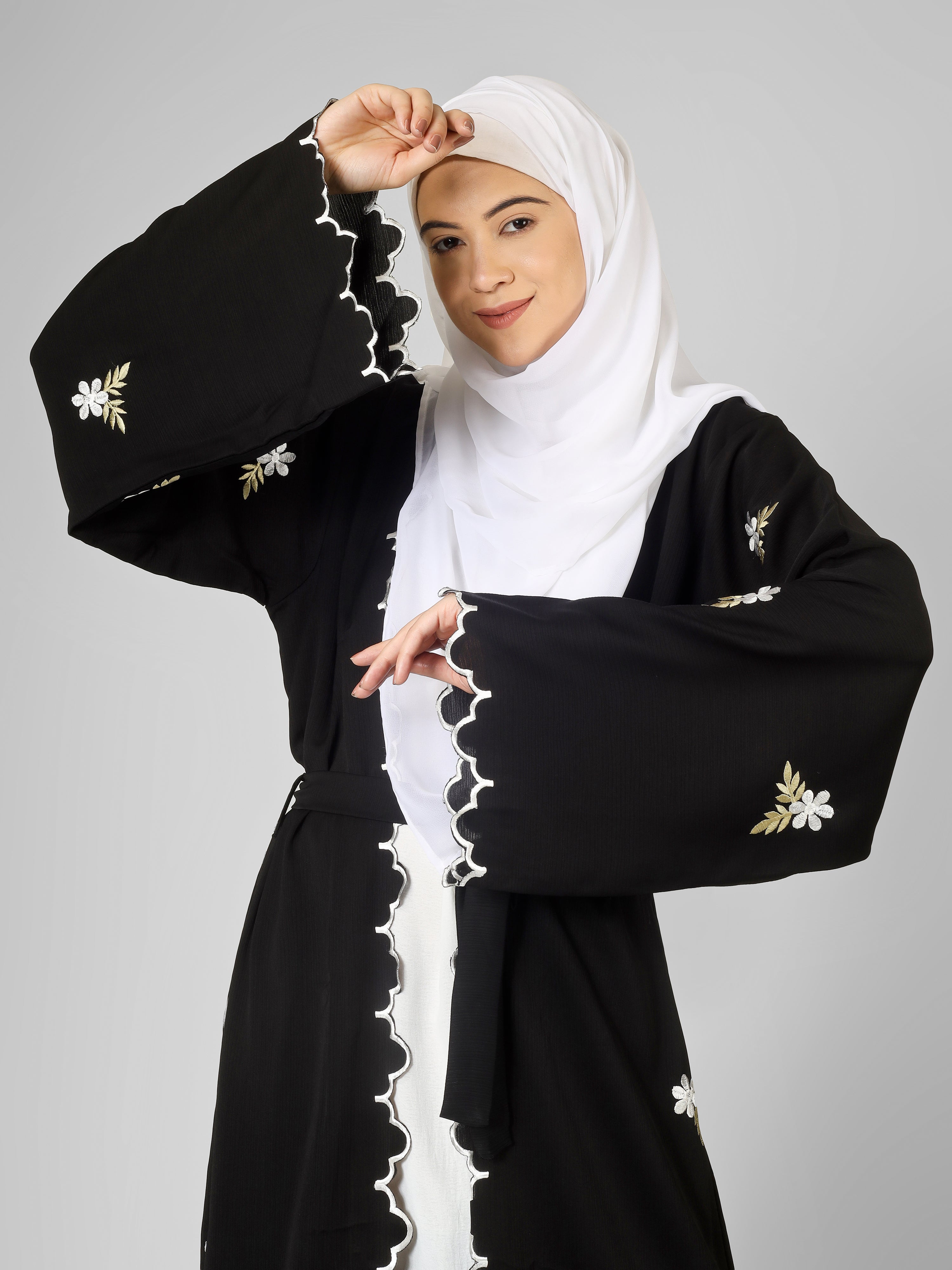 TEHMINA DOUBLE SHRUG ABAYA | WHITE