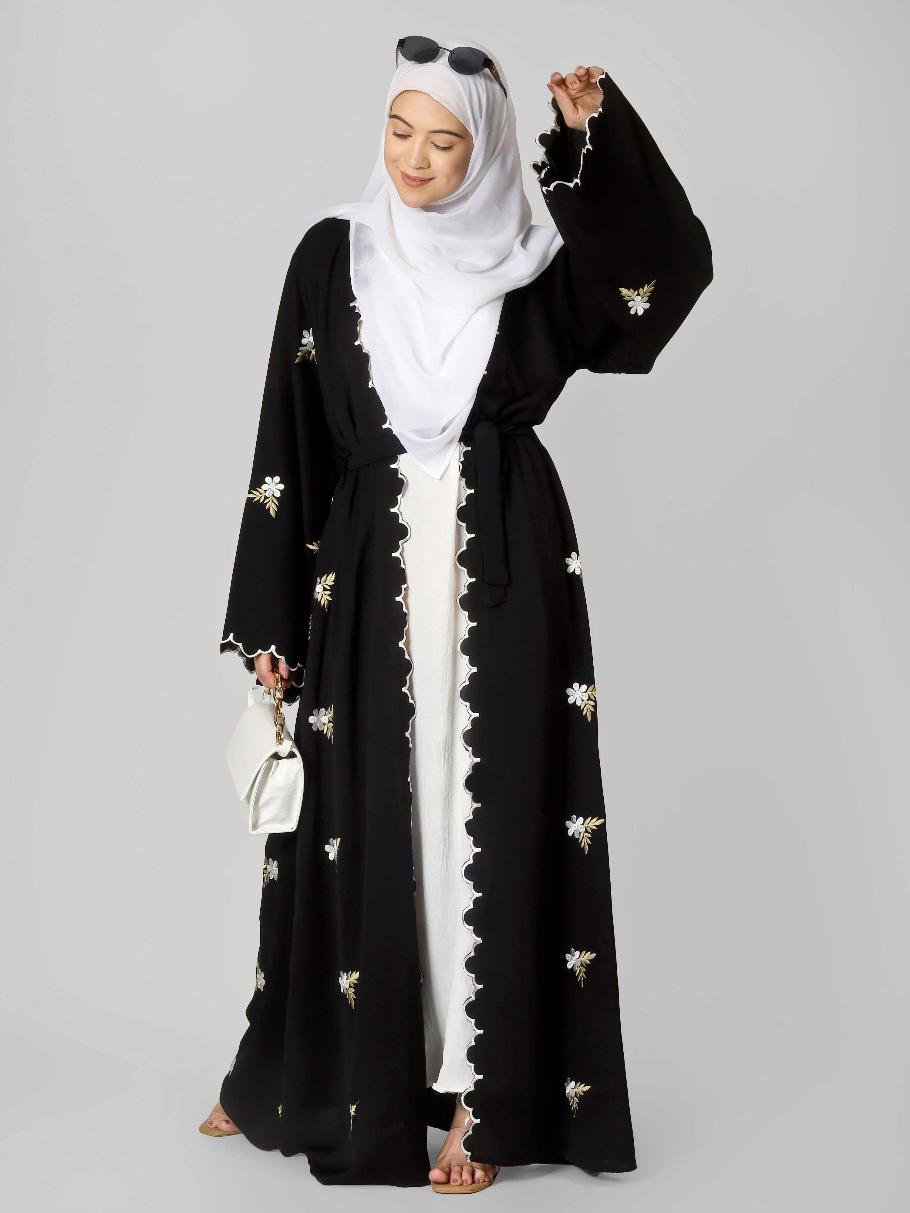 TEHMINA DOUBLE SHRUG ABAYA | WHITE