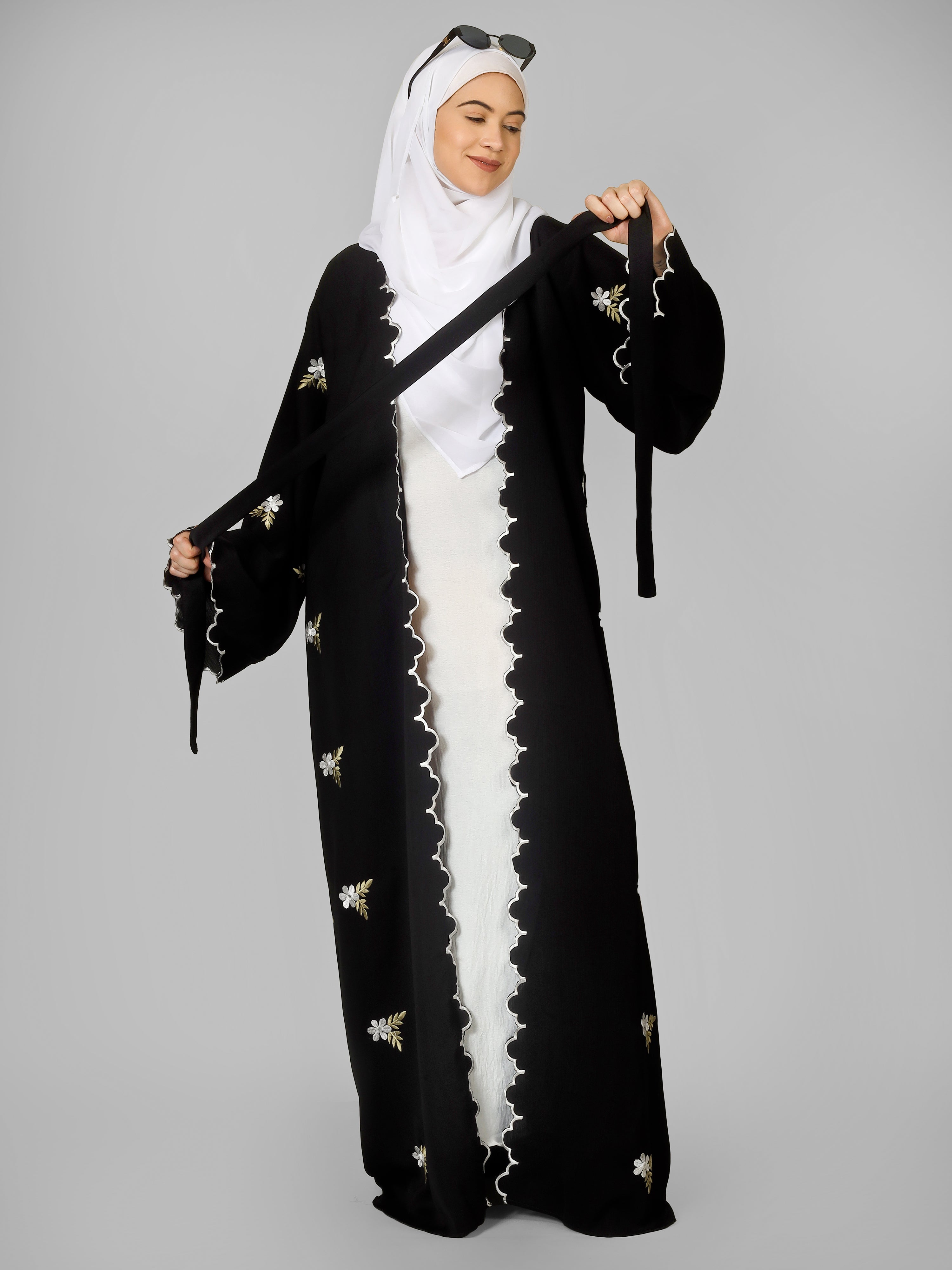TEHMINA DOUBLE SHRUG ABAYA | WHITE