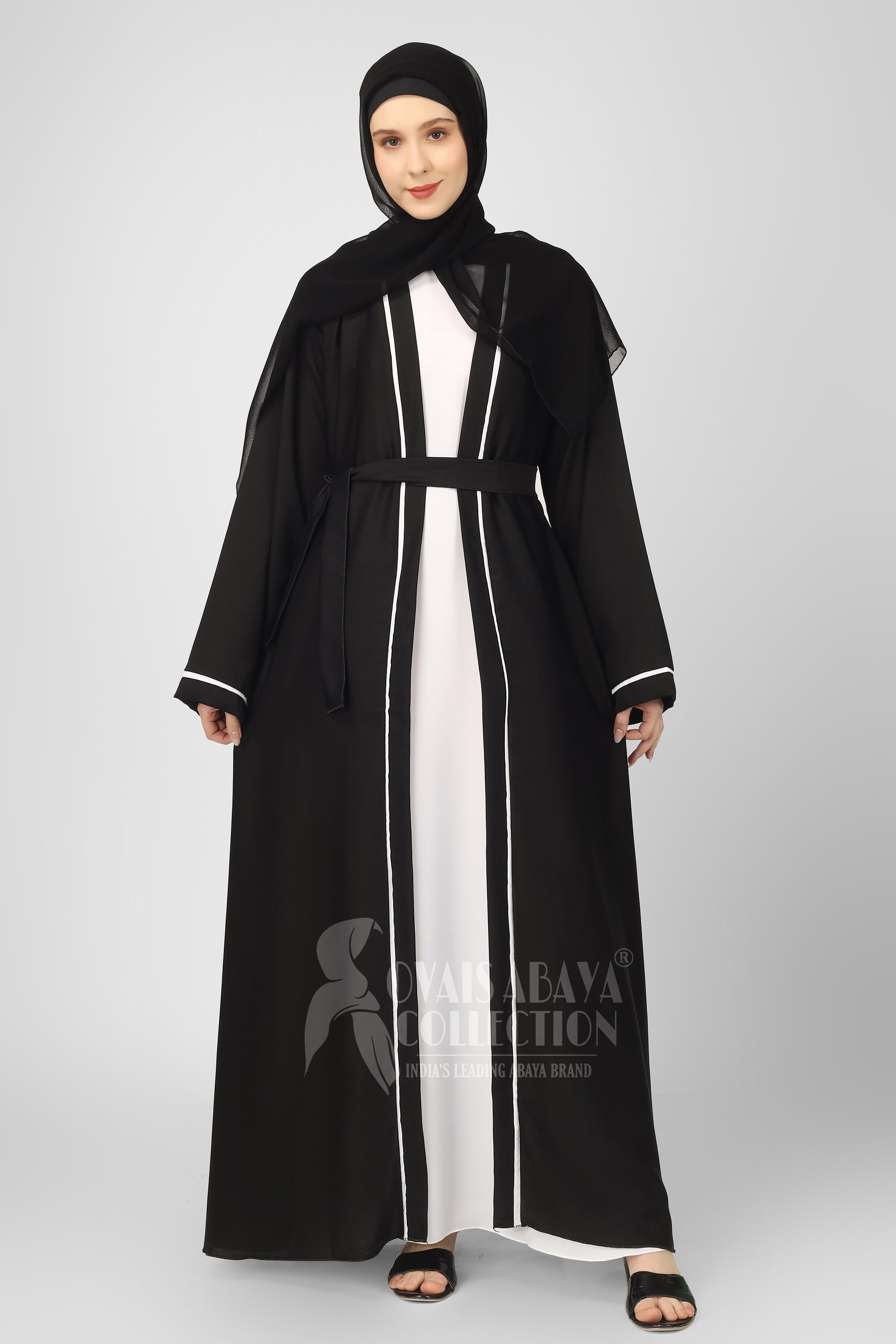 Ruhi Imported Double Shrugs Abaya BLACK TO WHITE - ( New - Edition )