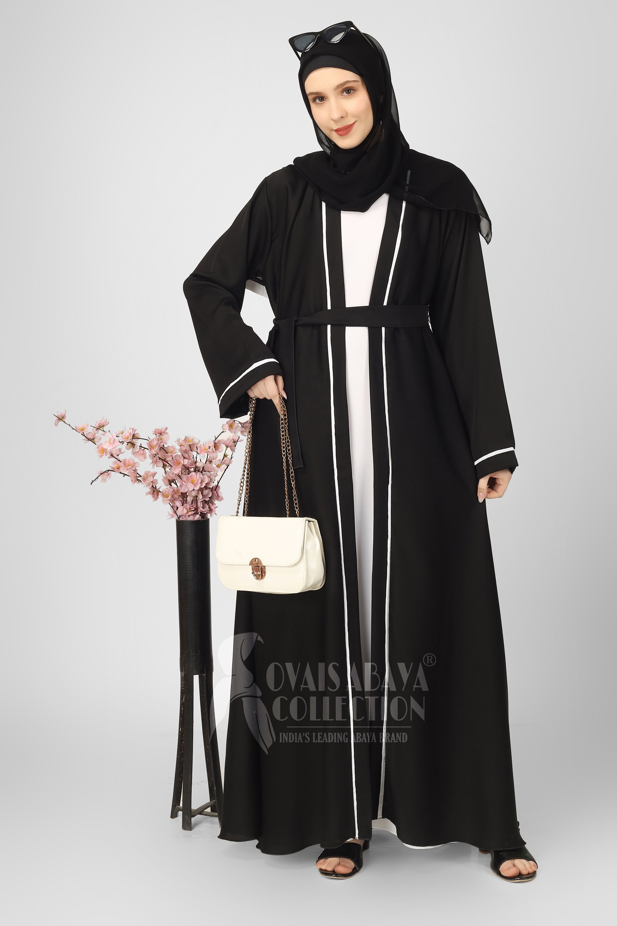 Ruhi Imported Double Shrugs Abaya BLACK TO WHITE - ( New - Edition )