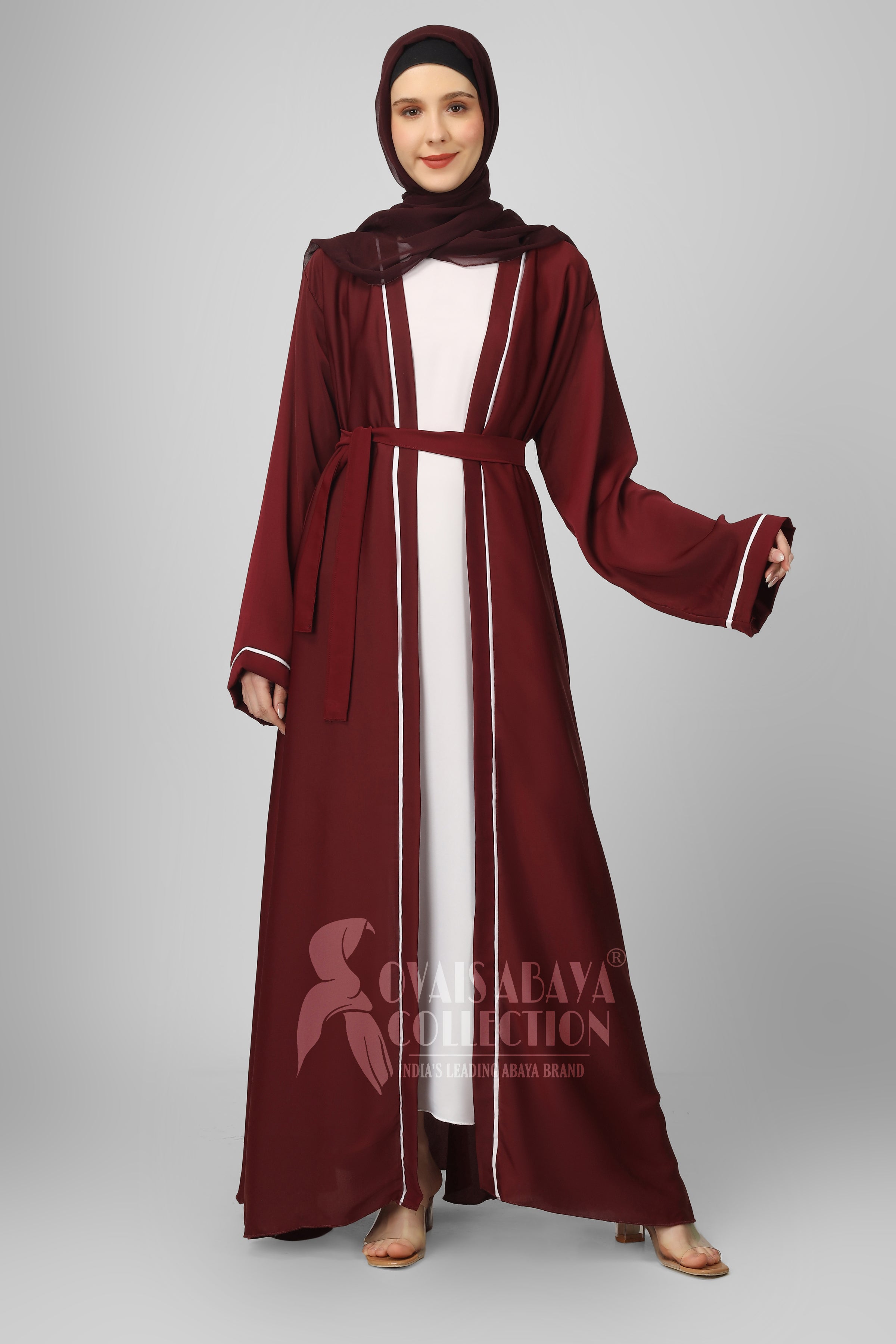 Ruhi Imported Double Shrugs Abaya MAROON TO WHITE - ( New - Edition )