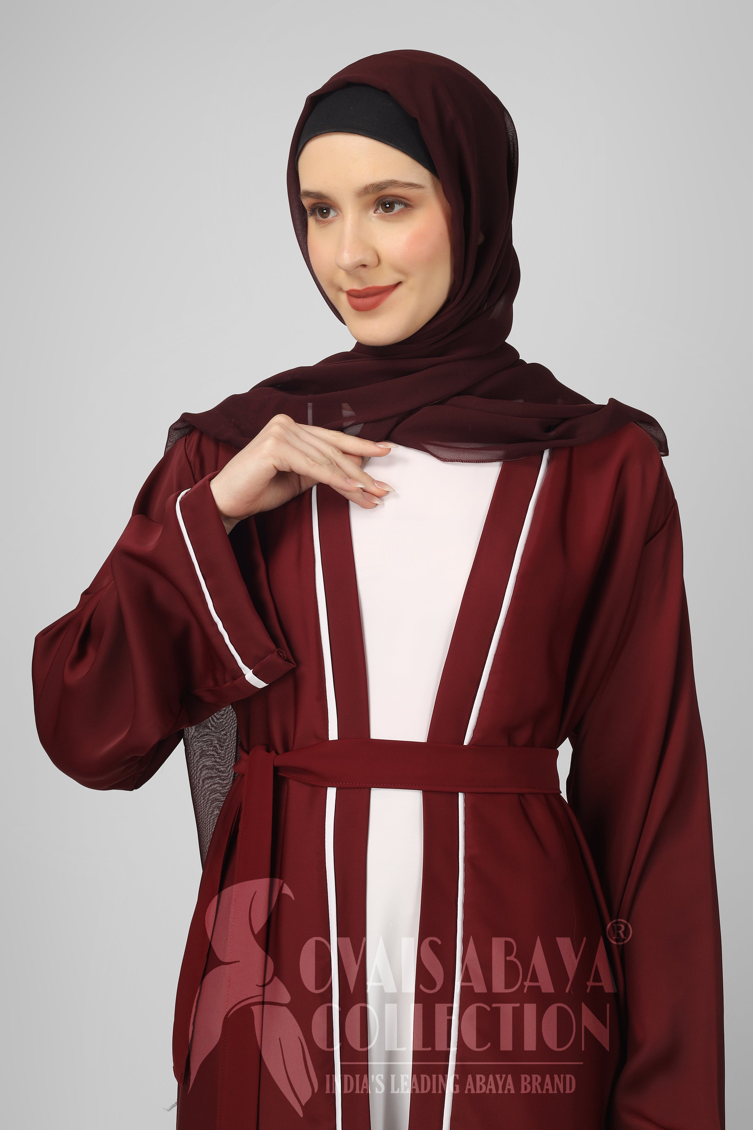 Ruhi Imported Double Shrugs Abaya MAROON TO WHITE - ( New - Edition )