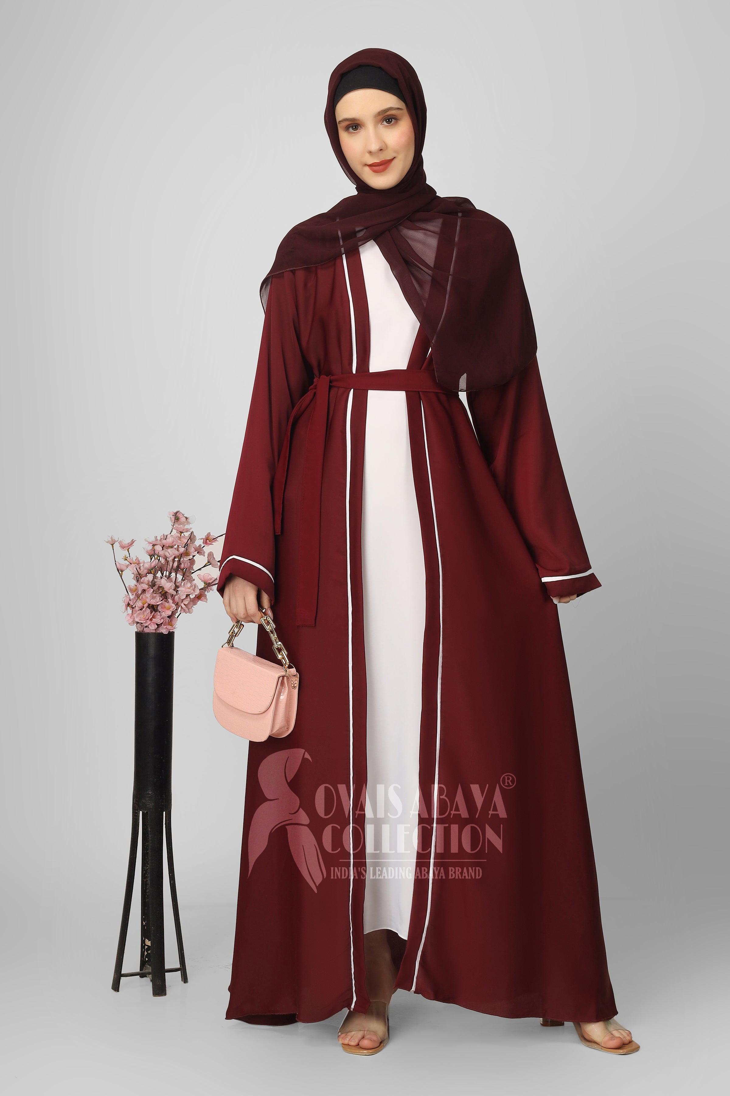 Ruhi Imported Double Shrugs Abaya MAROON TO WHITE - ( New - Edition )