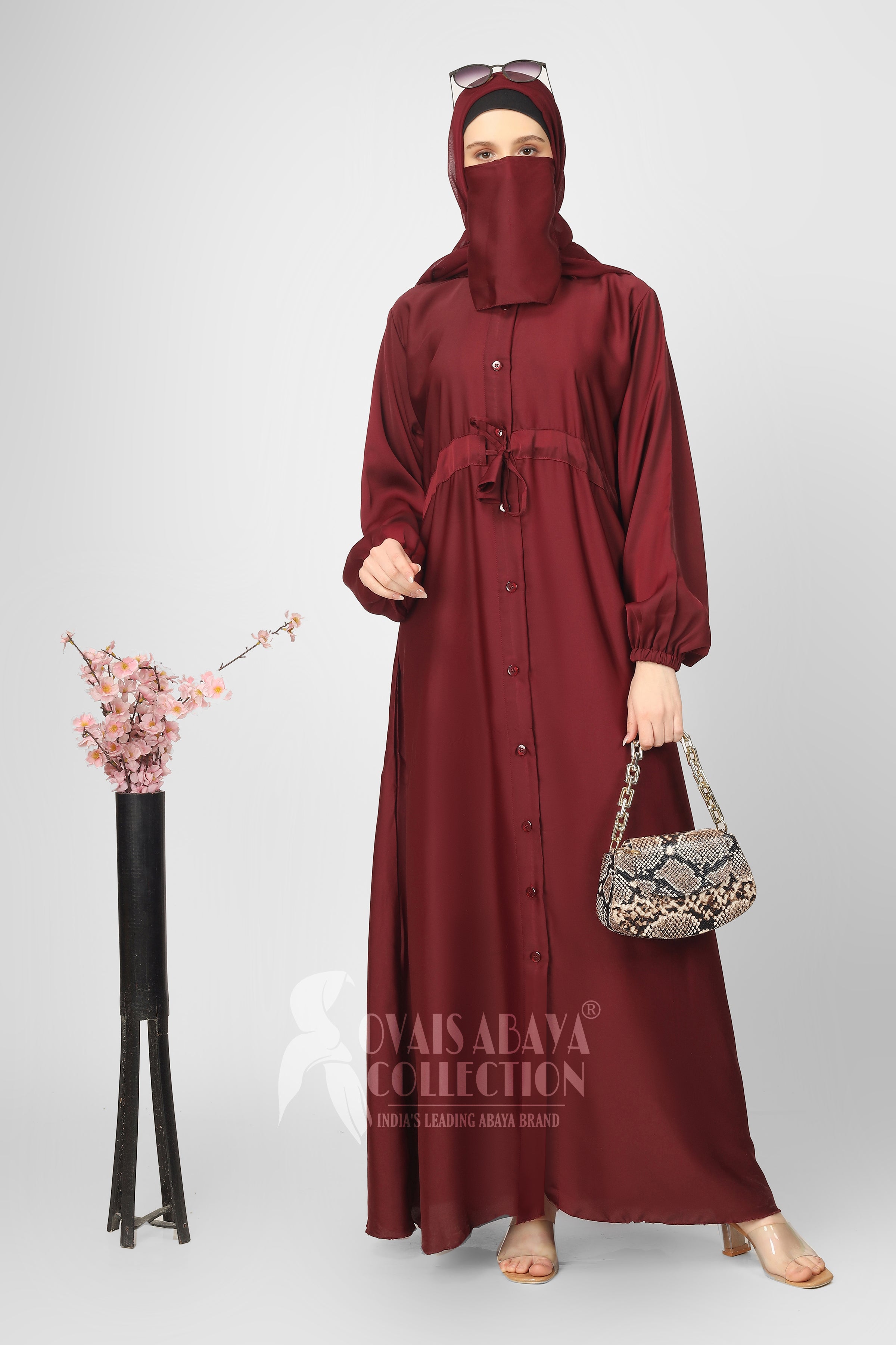 New Launch Huriya Front Open Collar Abaya MAROON ( Limited Stock )