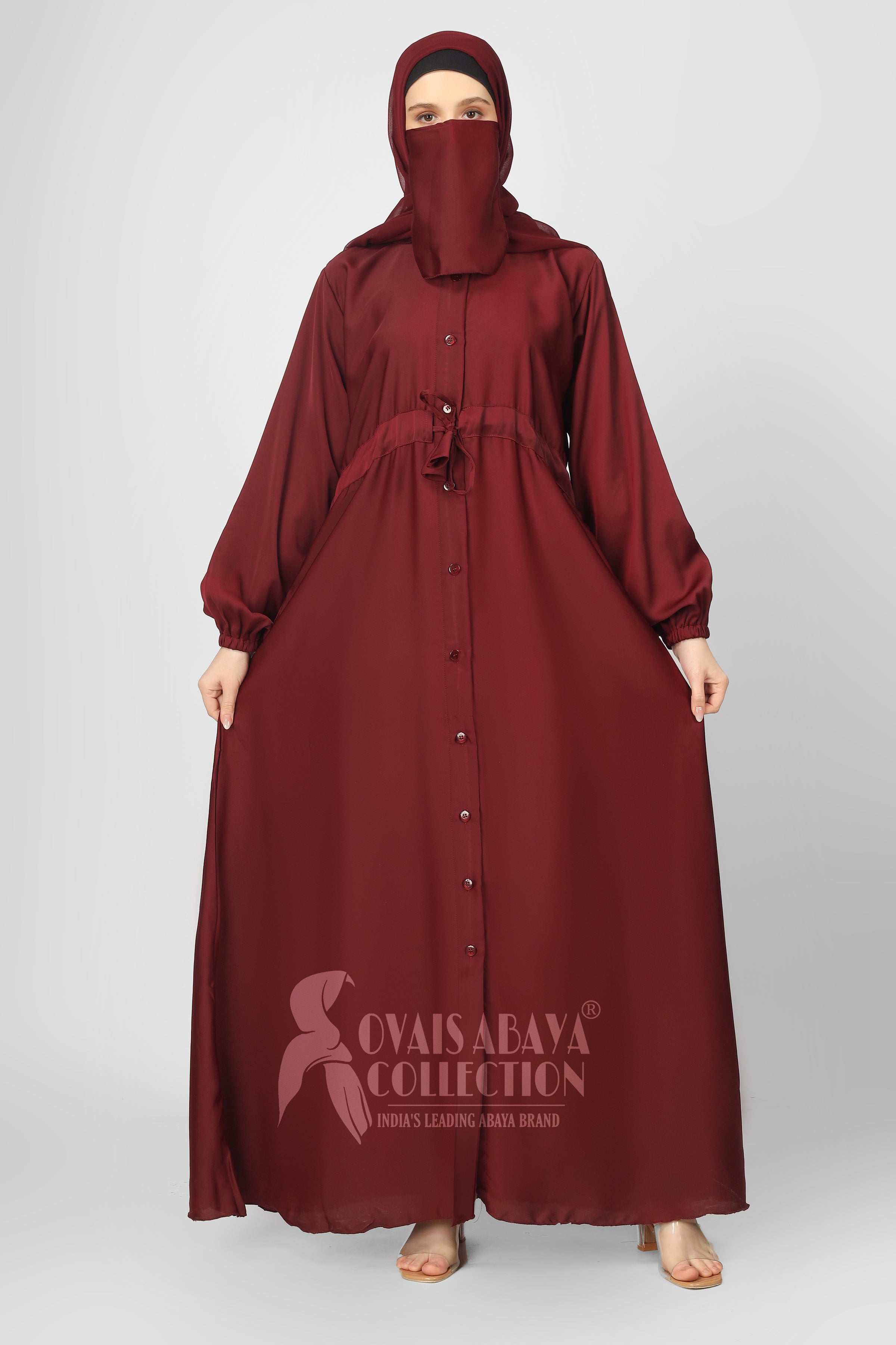 New Launch Huriya Front Open Collar Abaya MAROON ( Limited Stock )