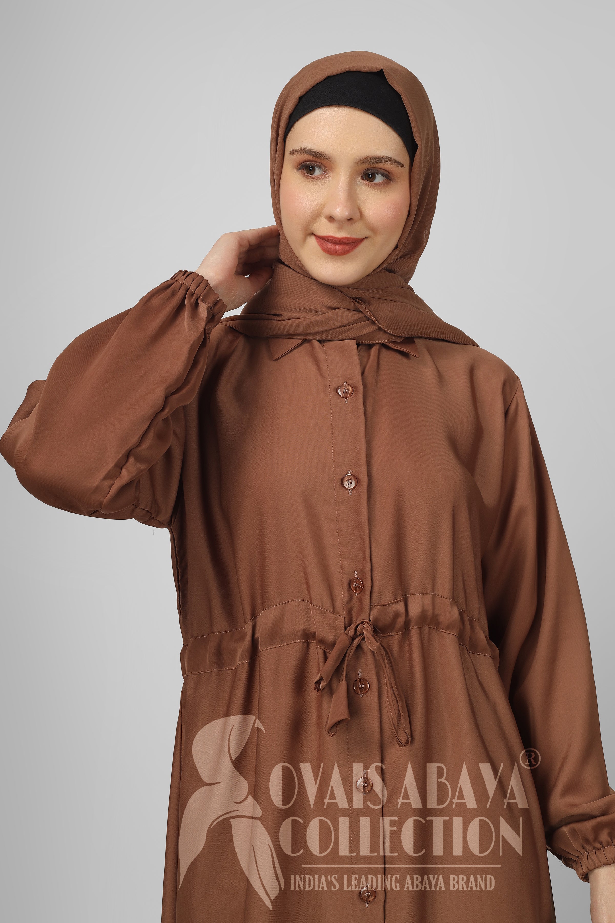 New Launch Huriya Front Open Collar Abaya COLLER BROWN ( Limited Stock )