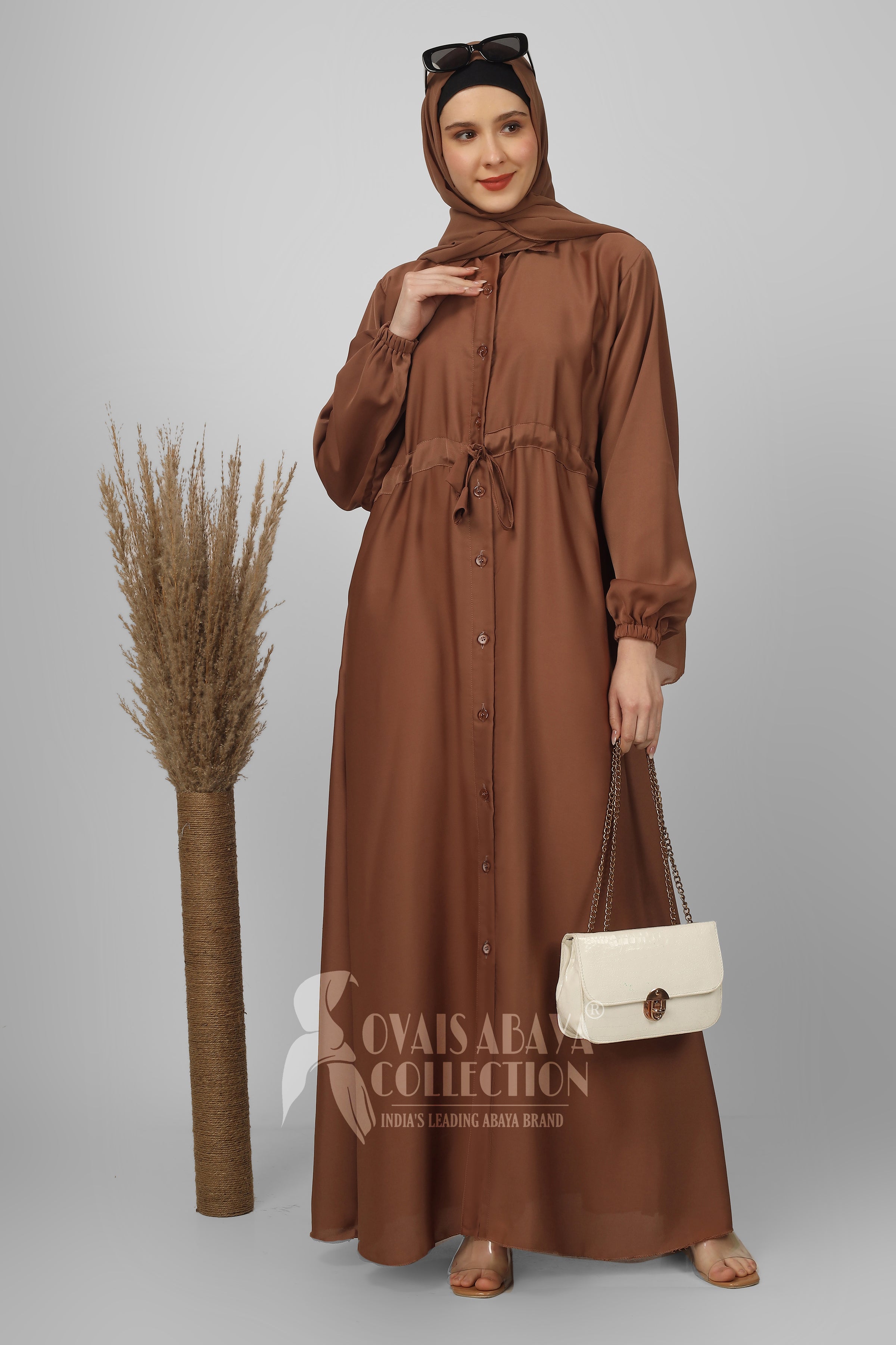 New Launch Huriya Front Open Collar Abaya COLLER BROWN ( Limited Stock )