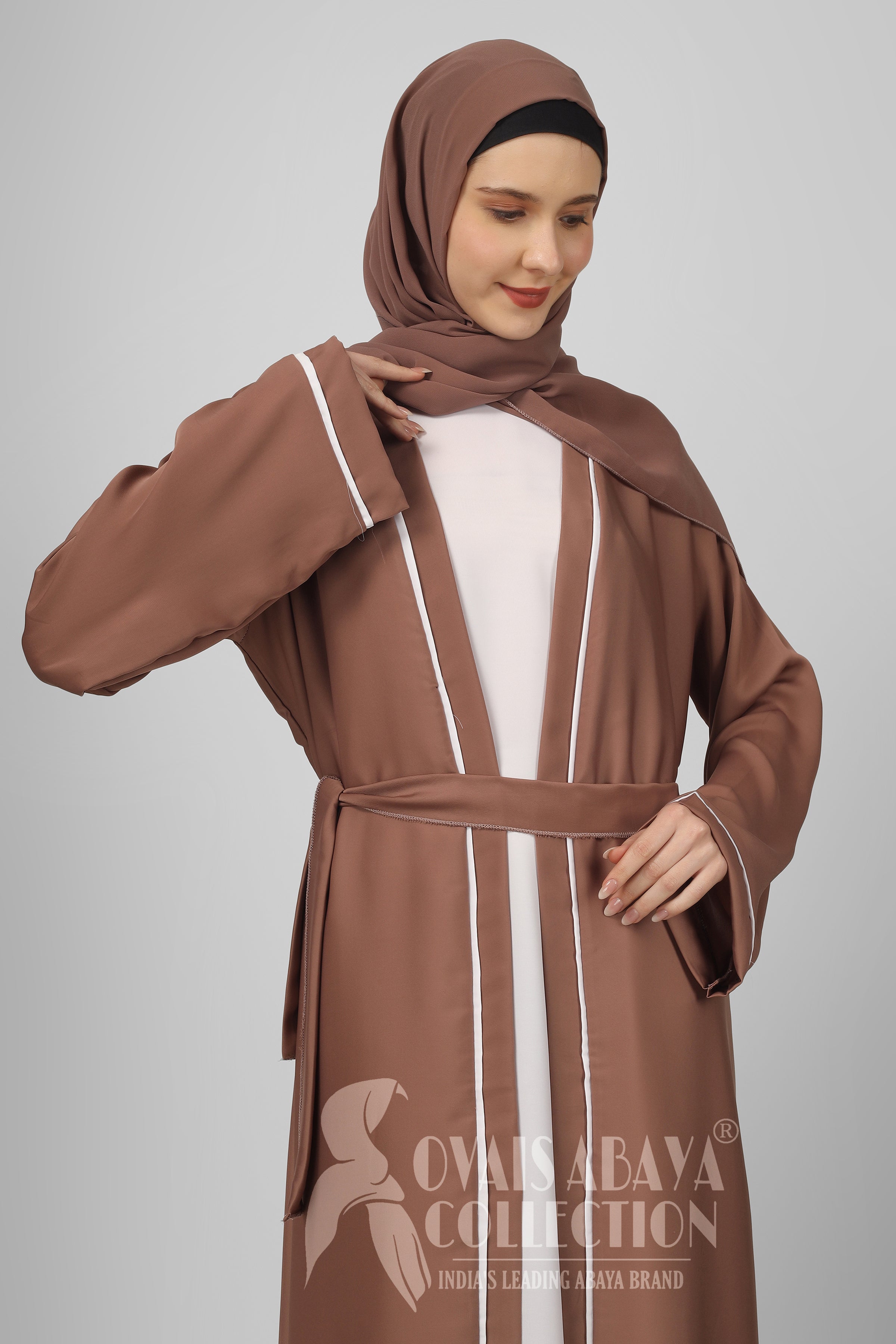 Ruhi Imported Double Shrugs Abaya GHESTNUT LITE TO WHITE - ( New - Edition )