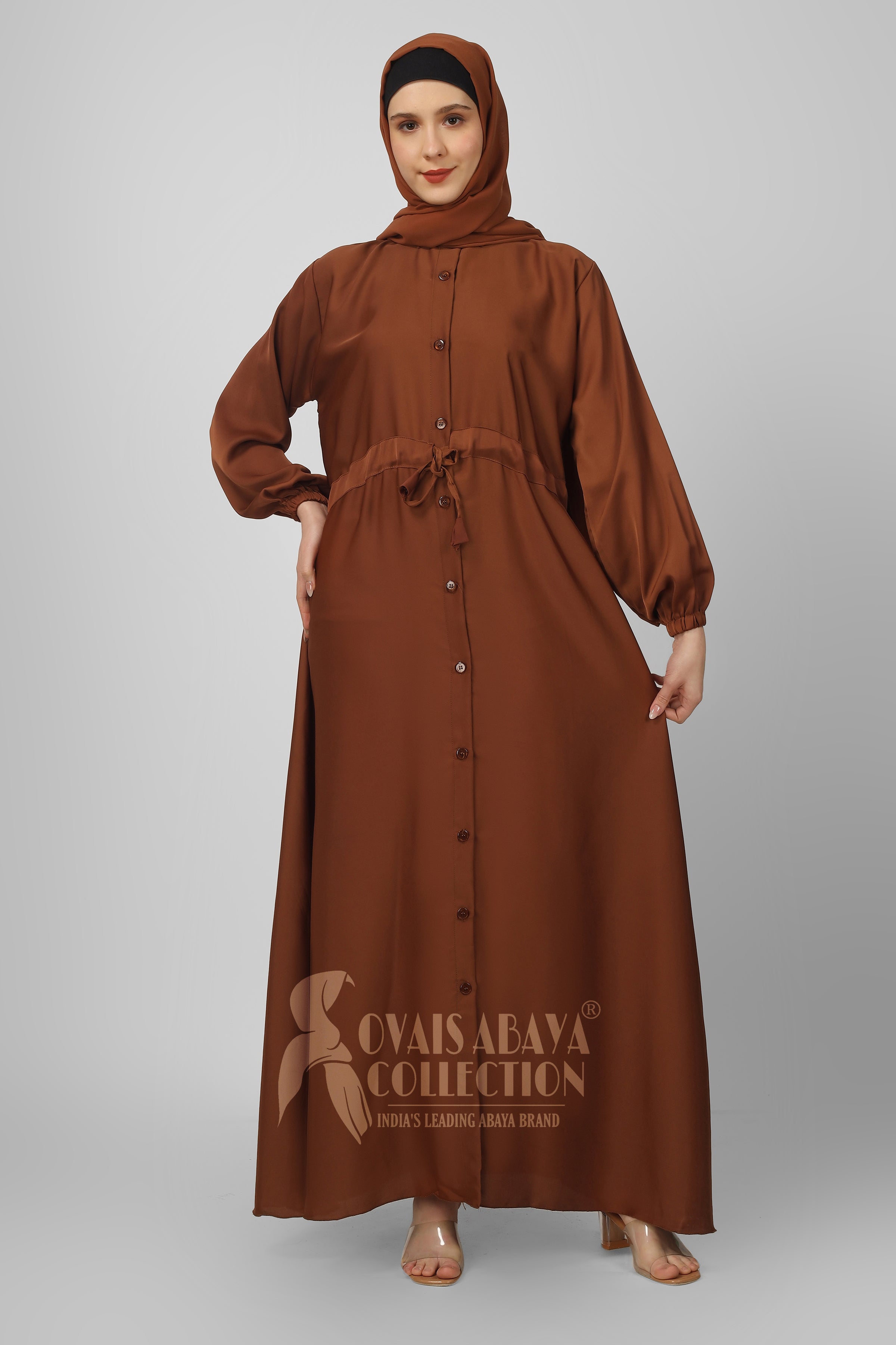 New Launch Huriya Front Open Collar Abaya MOCHA BROWN ( Limited Stock )