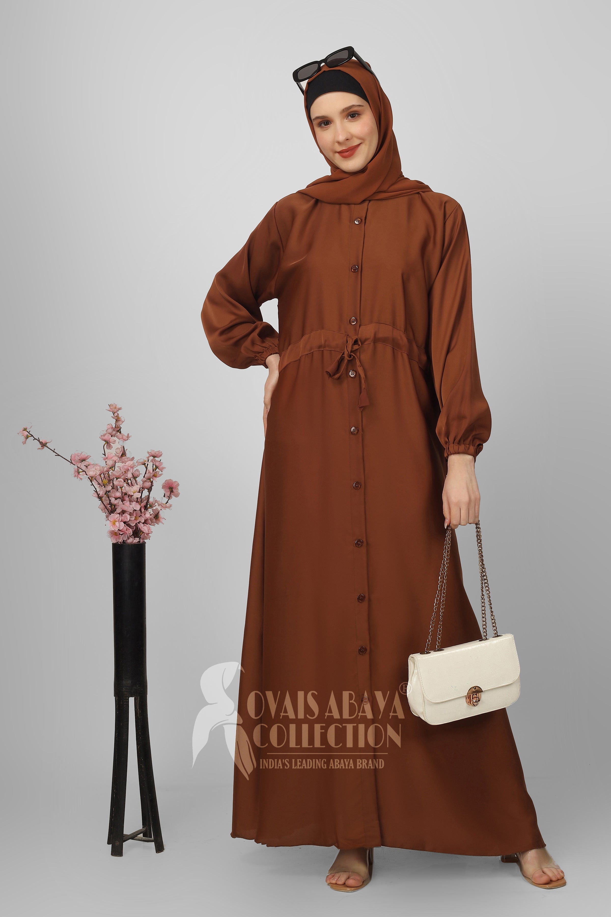 New Launch Huriya Front Open Collar Abaya MOCHA BROWN ( Limited Stock )